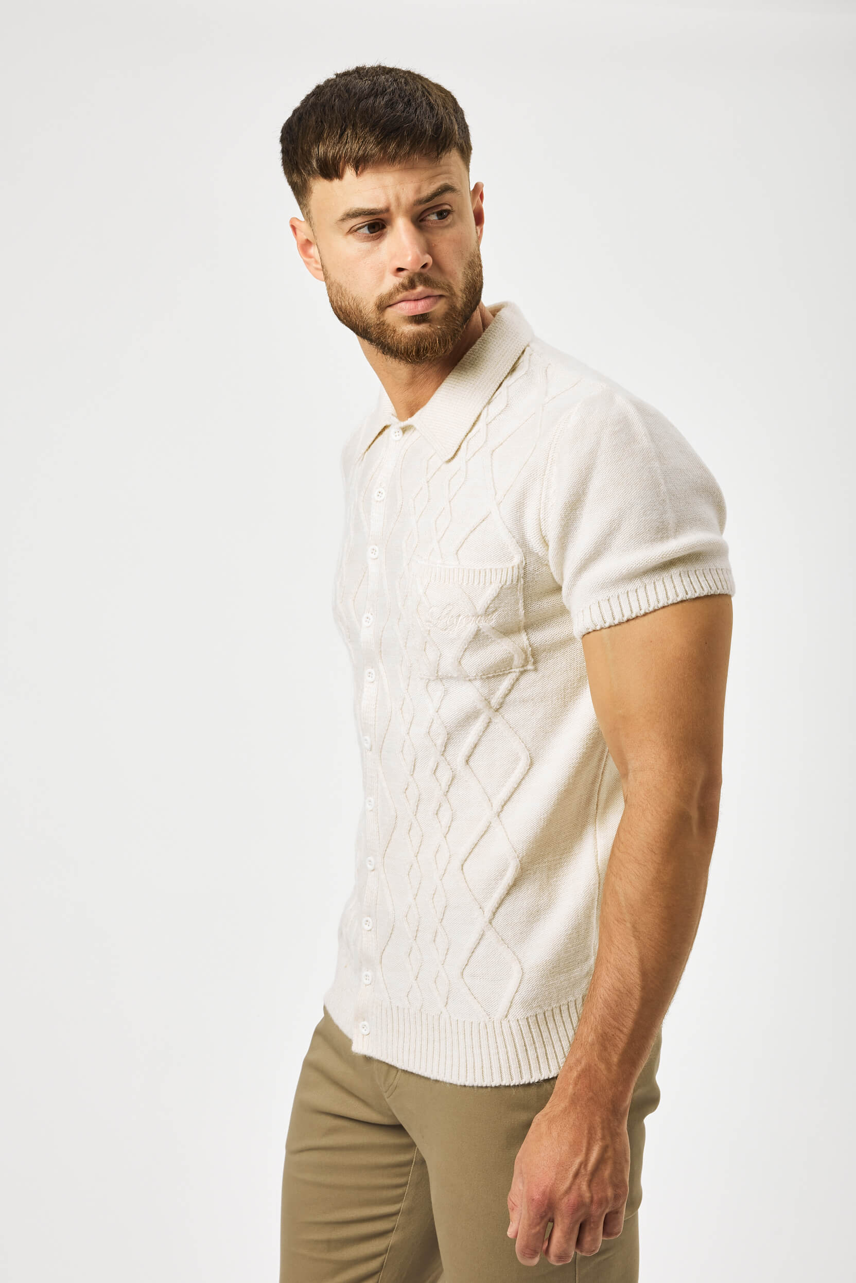 HABER KNITWEAR CABLE KNIT POLO SHIRT - CREAM