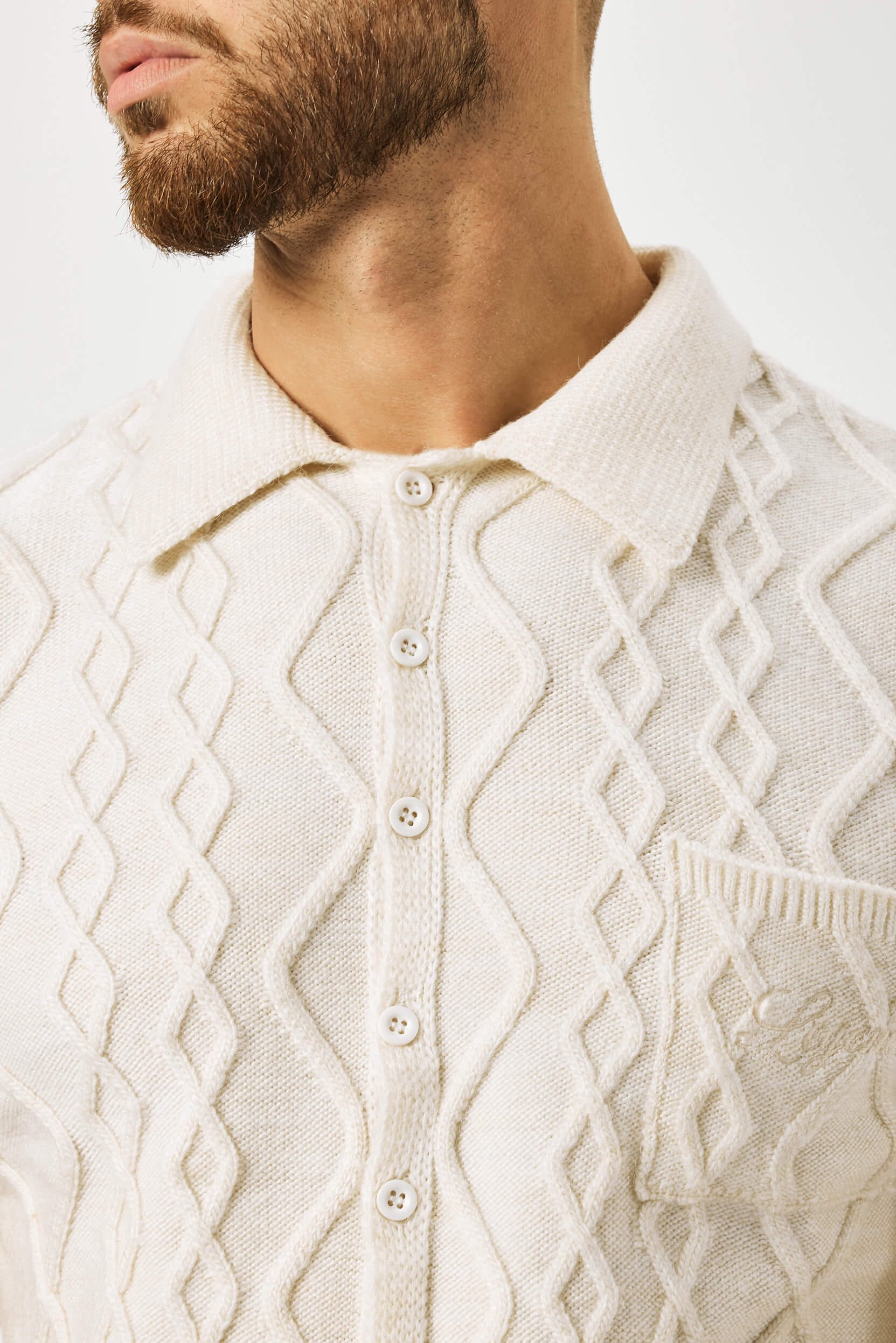 HABER KNITWEAR CABLE KNIT POLO SHIRT - CREAM