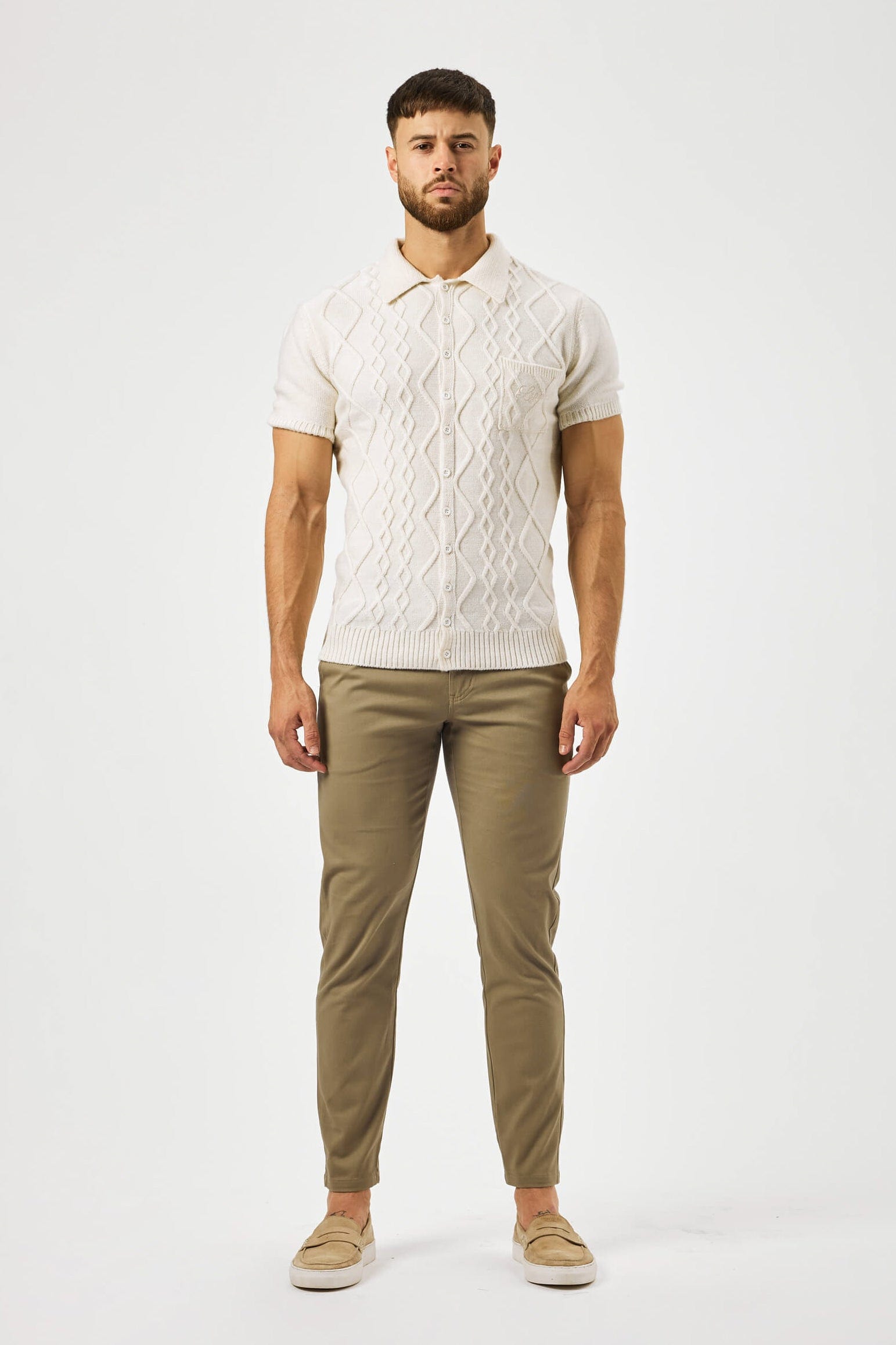 HABER KNITWEAR CABLE KNIT POLO SHIRT - CREAM