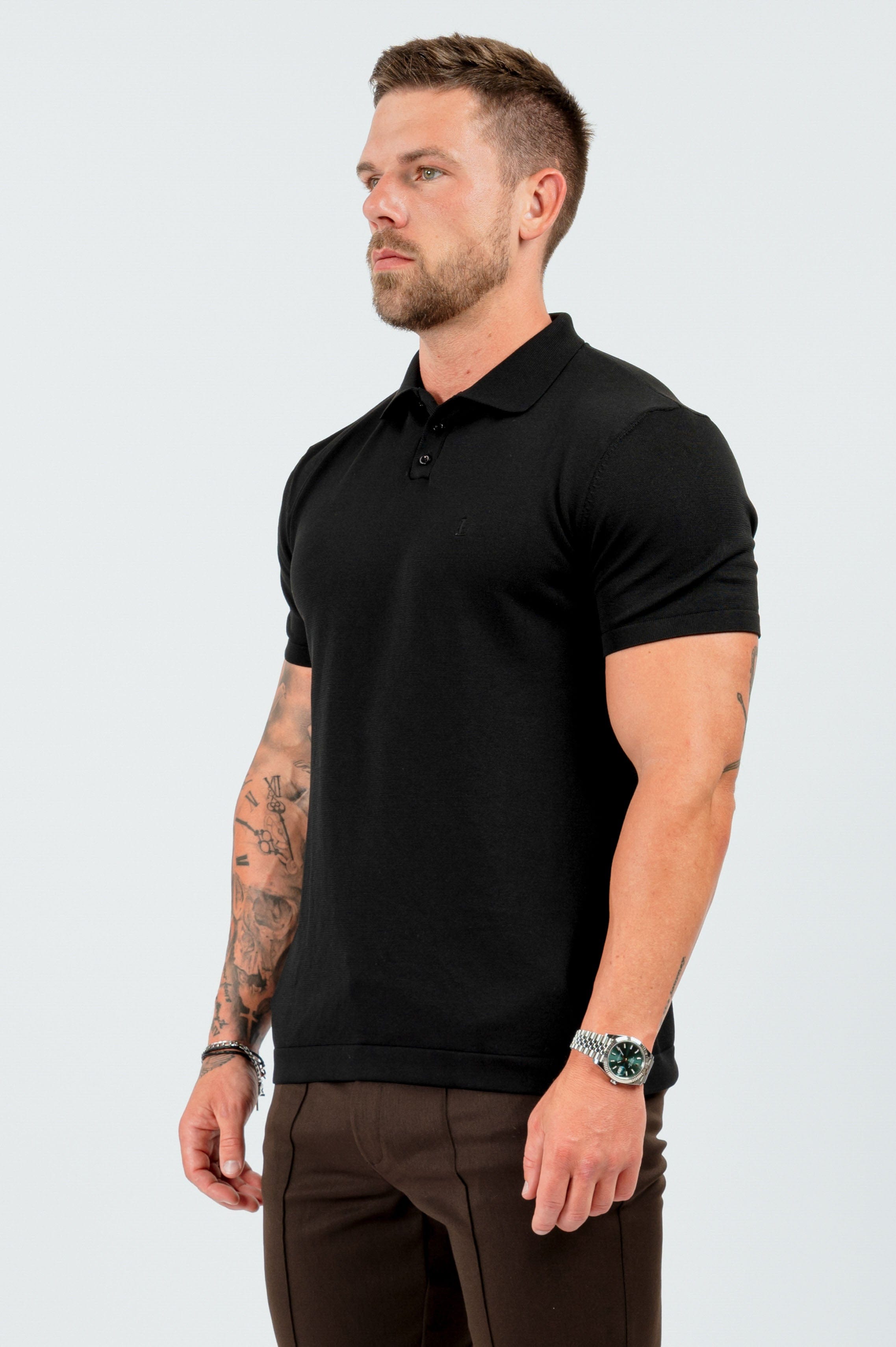 HABER KNITWEAR SOFT TOUCH KNIT POLO - BLACK