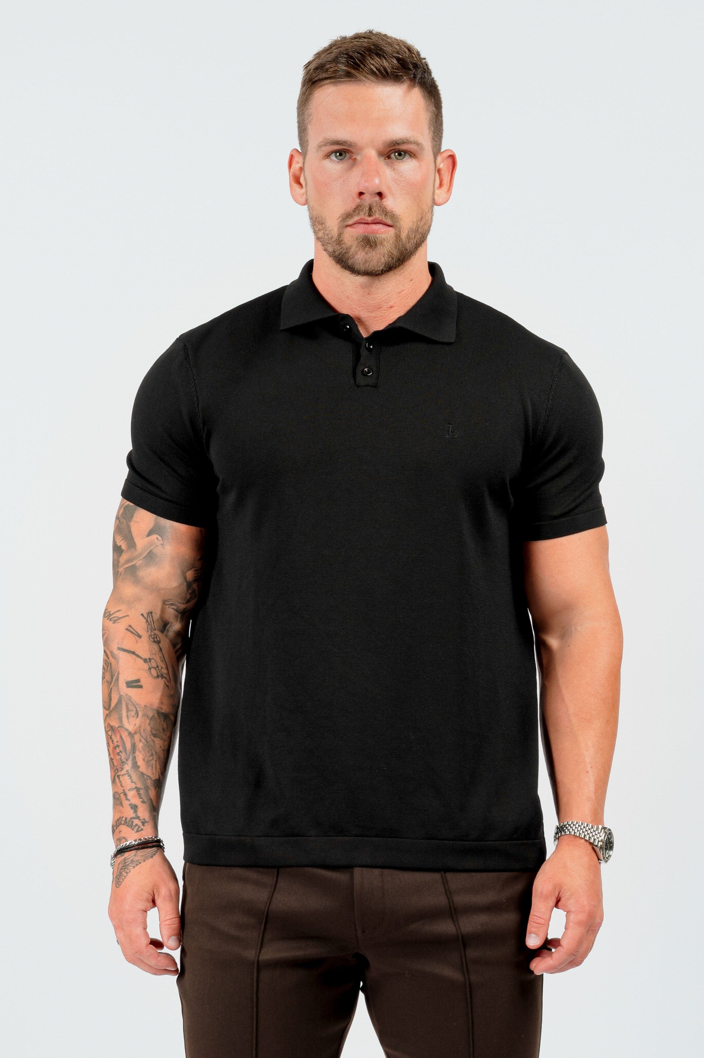 HABER KNITWEAR SOFT TOUCH KNIT POLO - BLACK