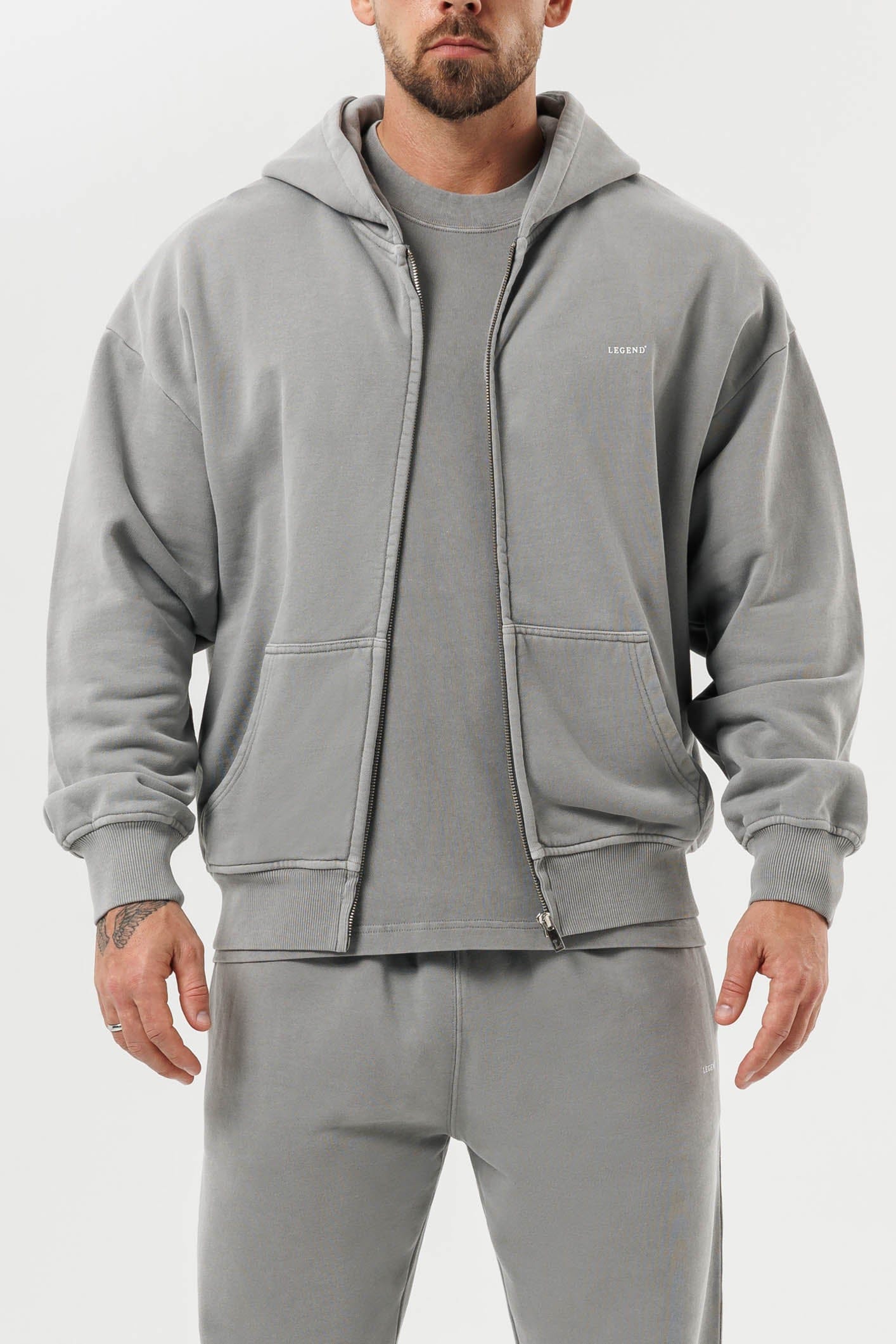 LEGEND LONDON Hoodie - ZIPPED ZIPPED HOODIE - WASHED GREY