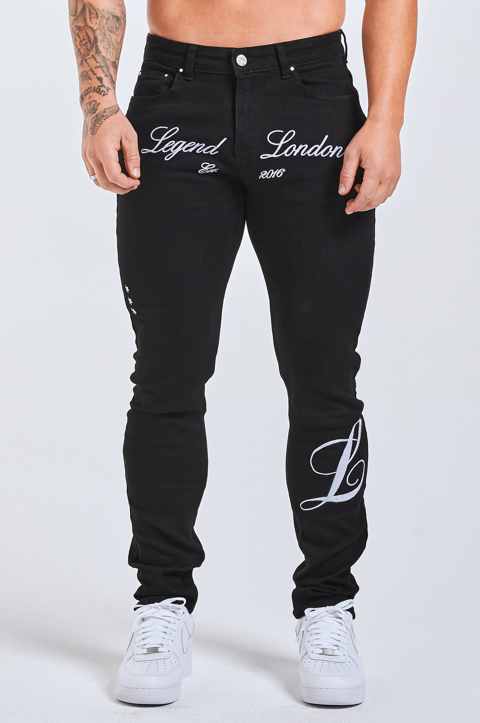 Legend London Jeans - slim 2.0 SLIM FIT JEANS 2.0 EMBROIDERED PRINTED DENIM - BLACK