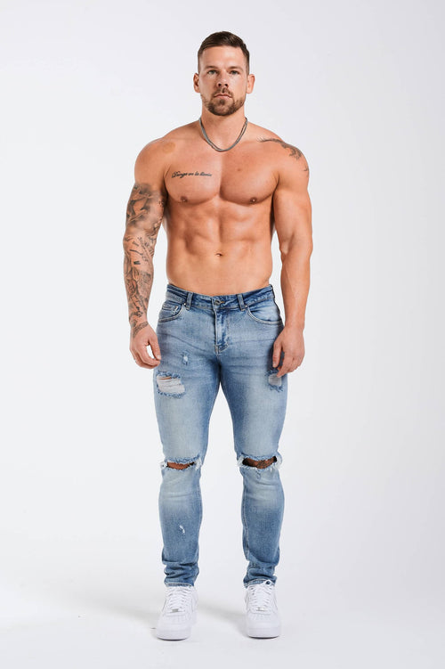 Legend London Jeans - slim 2.0 SLIM FIT JEANS 2.0 RIPPED AND REPAIRED - MID BLUE