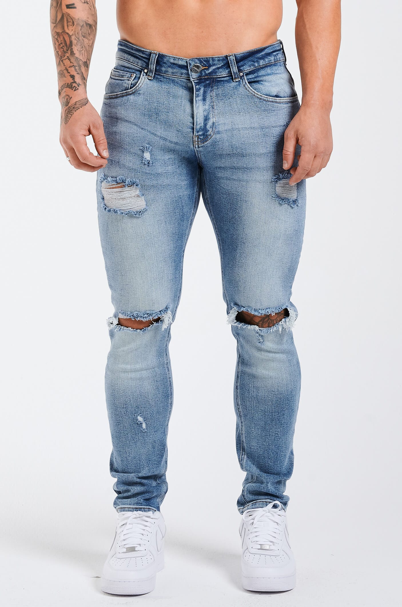 Legend London Jeans - slim 2.0 SLIM FIT JEANS 2.0 RIPPED AND REPAIRED - MID BLUE