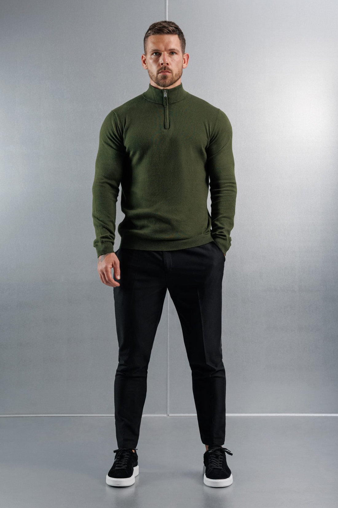 Legend London KNITWEAR KNIT QUARTER ZIP SWEATER - DARK OLIVE