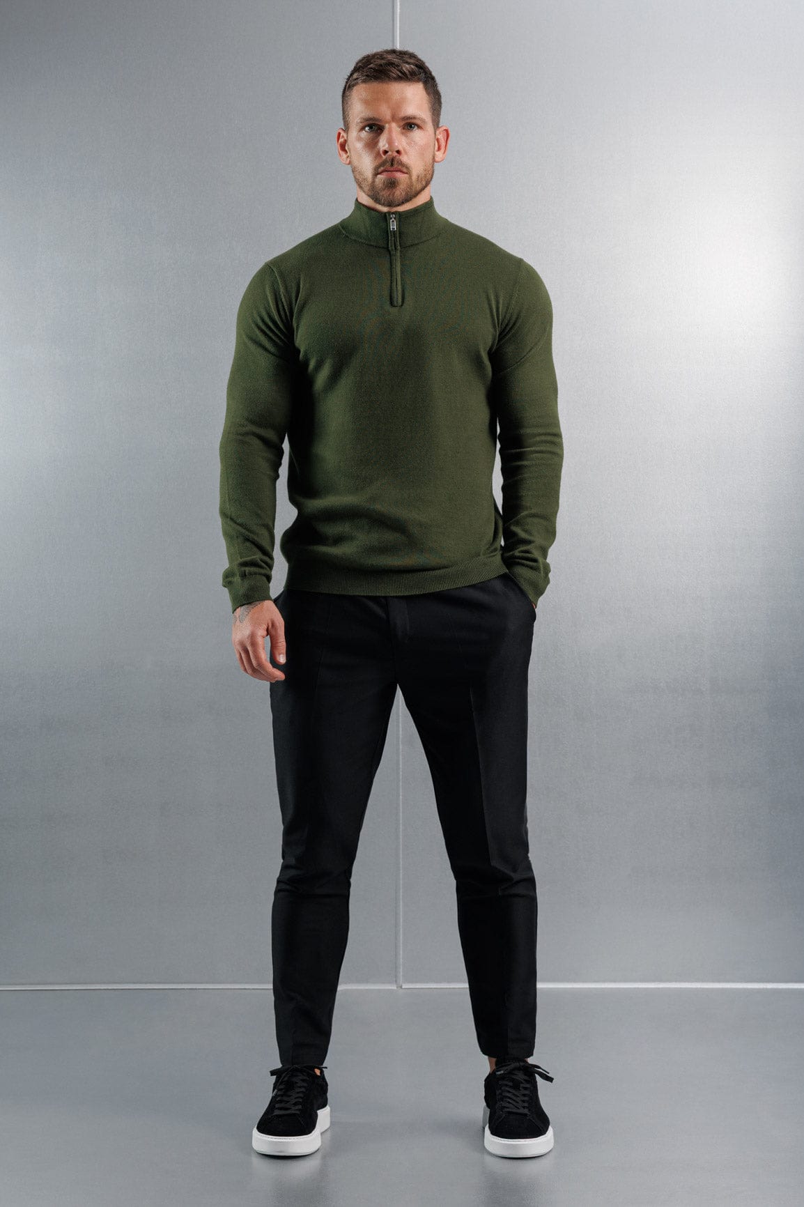 Legend London KNITWEAR KNIT QUARTER ZIP SWEATER - DARK OLIVE
