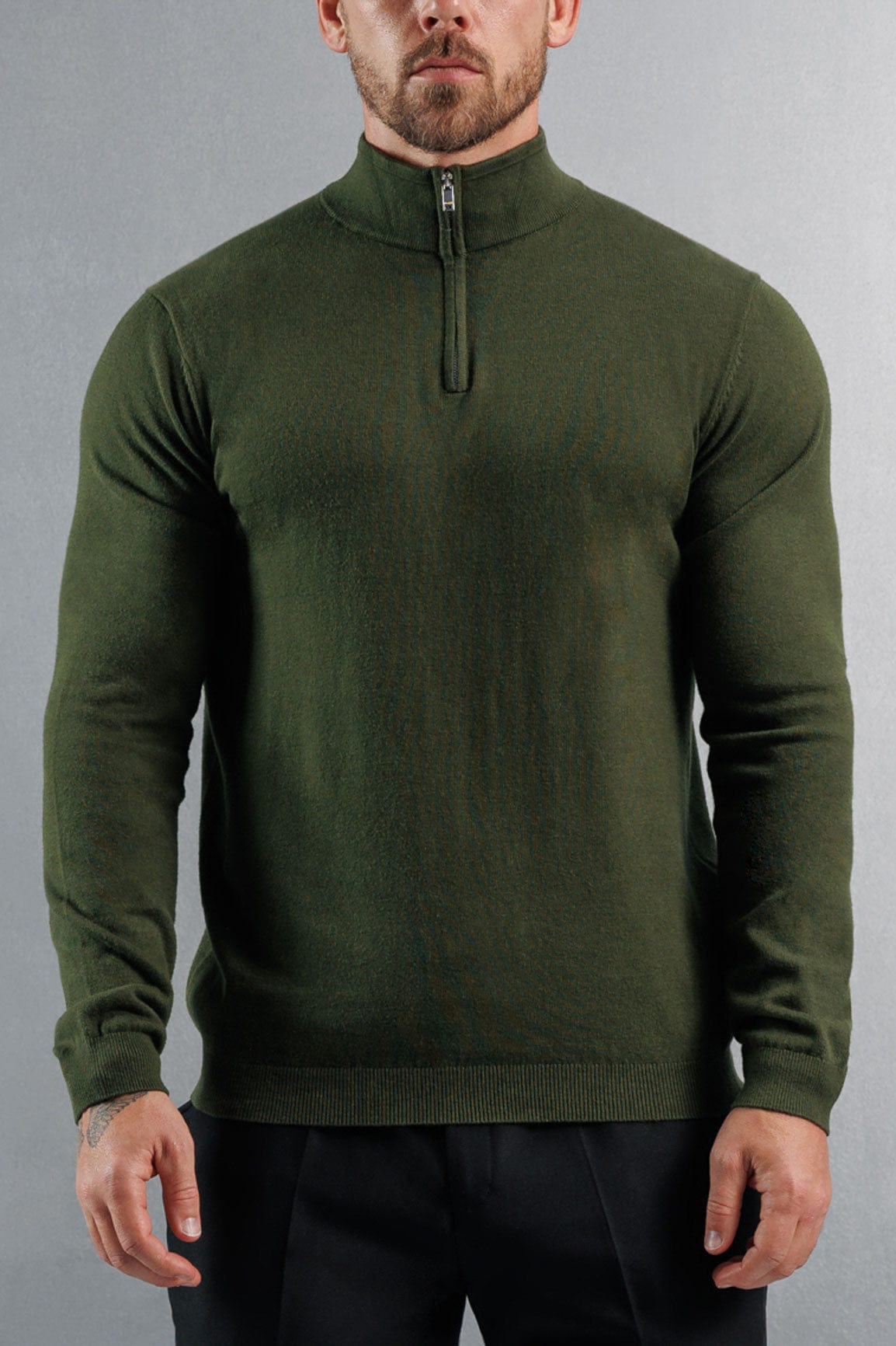 Legend London KNITWEAR KNIT QUARTER ZIP SWEATER - DARK OLIVE
