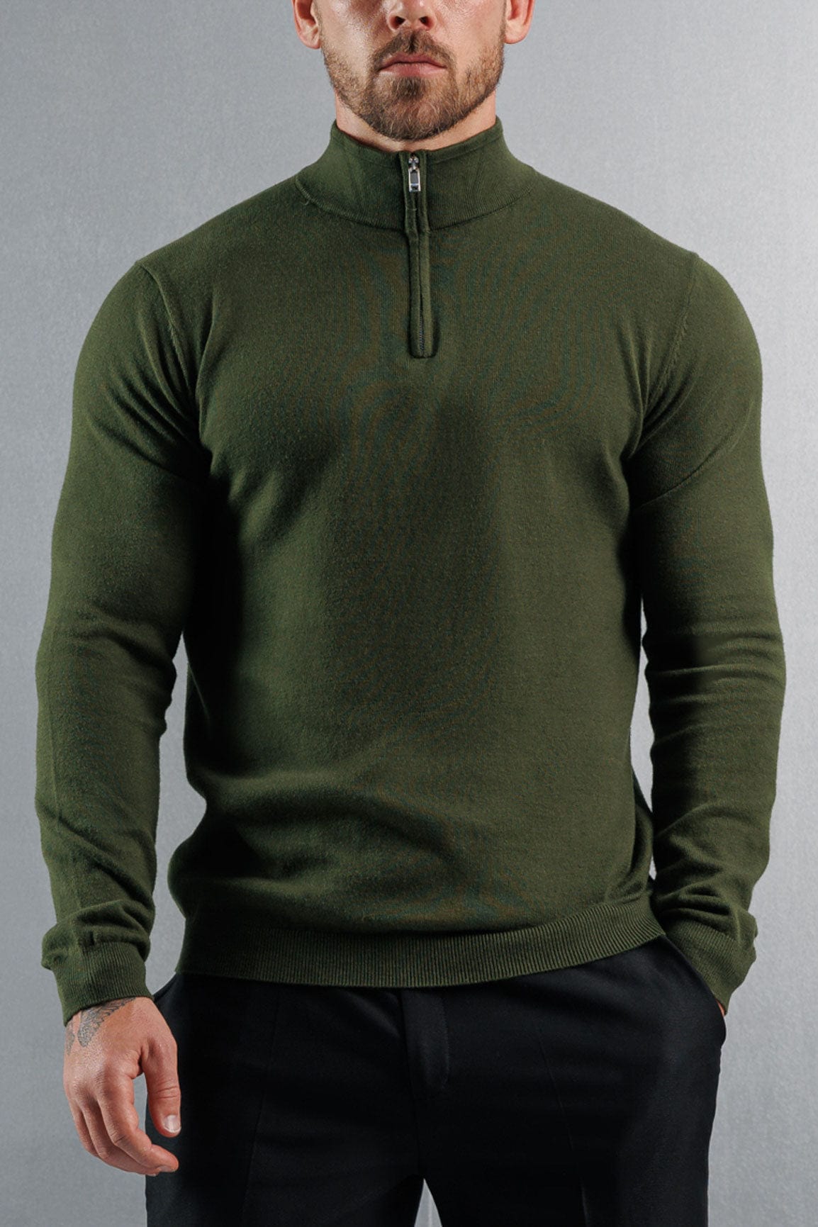 Legend London KNITWEAR KNIT QUARTER ZIP SWEATER - DARK OLIVE