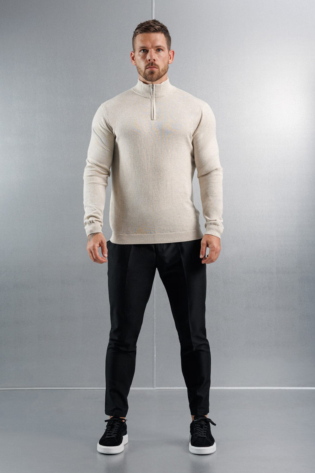 Legend London KNITWEAR KNIT QUARTER ZIP SWEATER - STONE