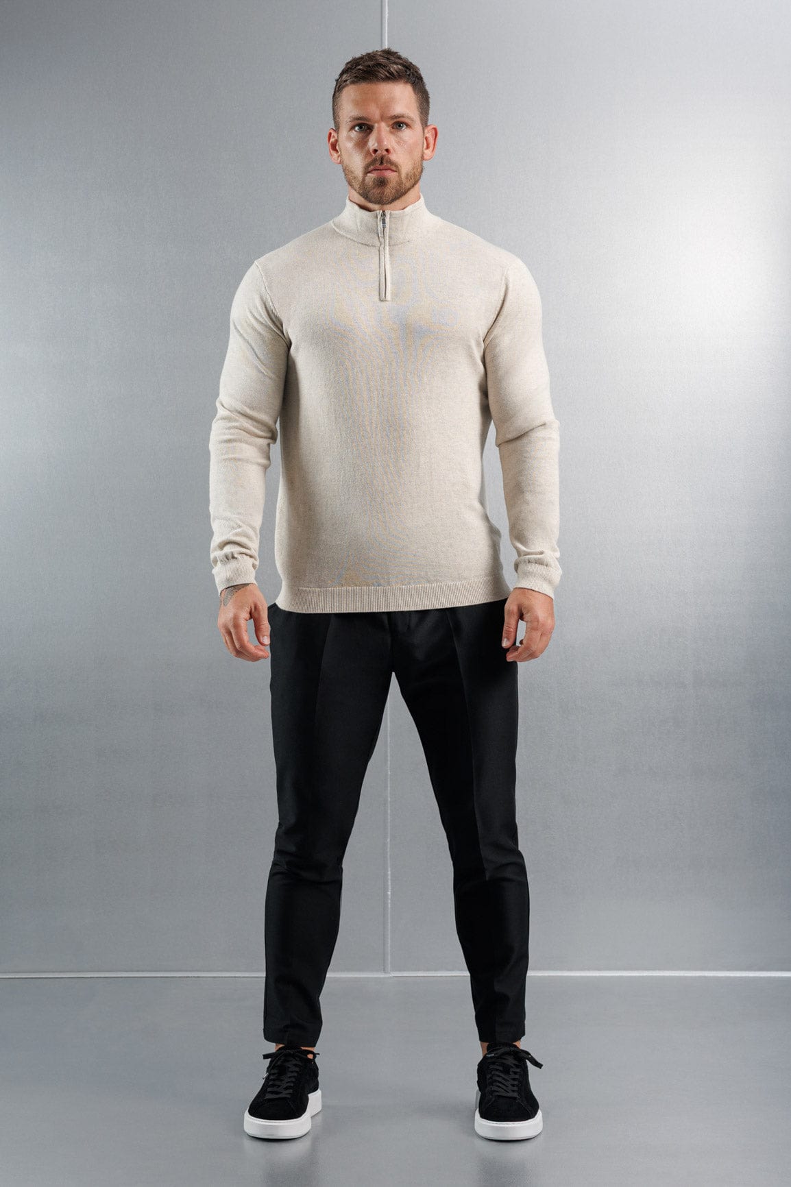 Legend London KNITWEAR KNIT QUARTER ZIP SWEATER - STONE