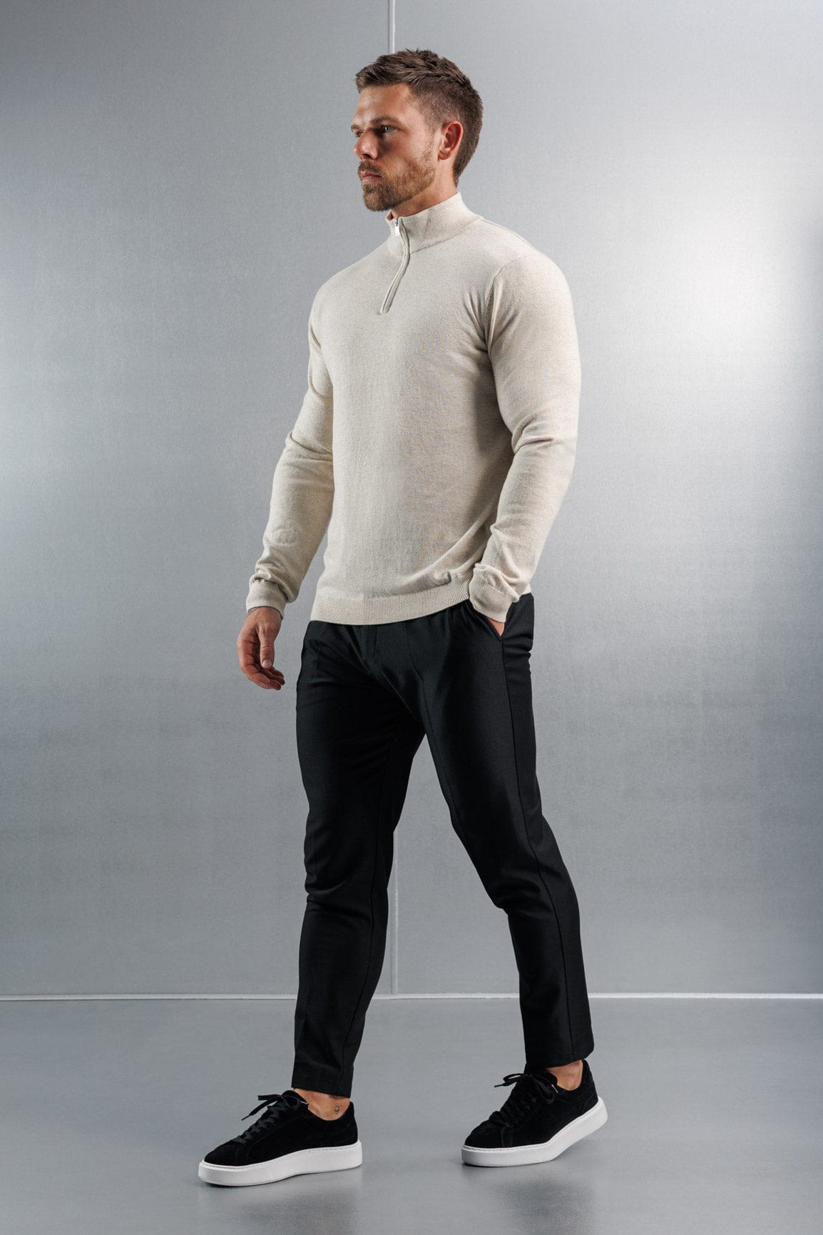 Legend London KNITWEAR KNIT QUARTER ZIP SWEATER - STONE