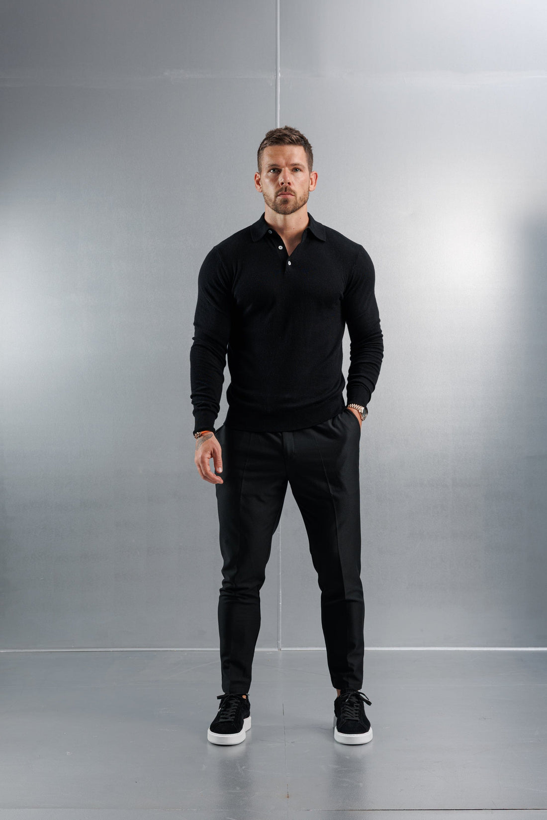 Legend London KNITWEAR KNITTED POLO LONG SLEEVE - BLACK