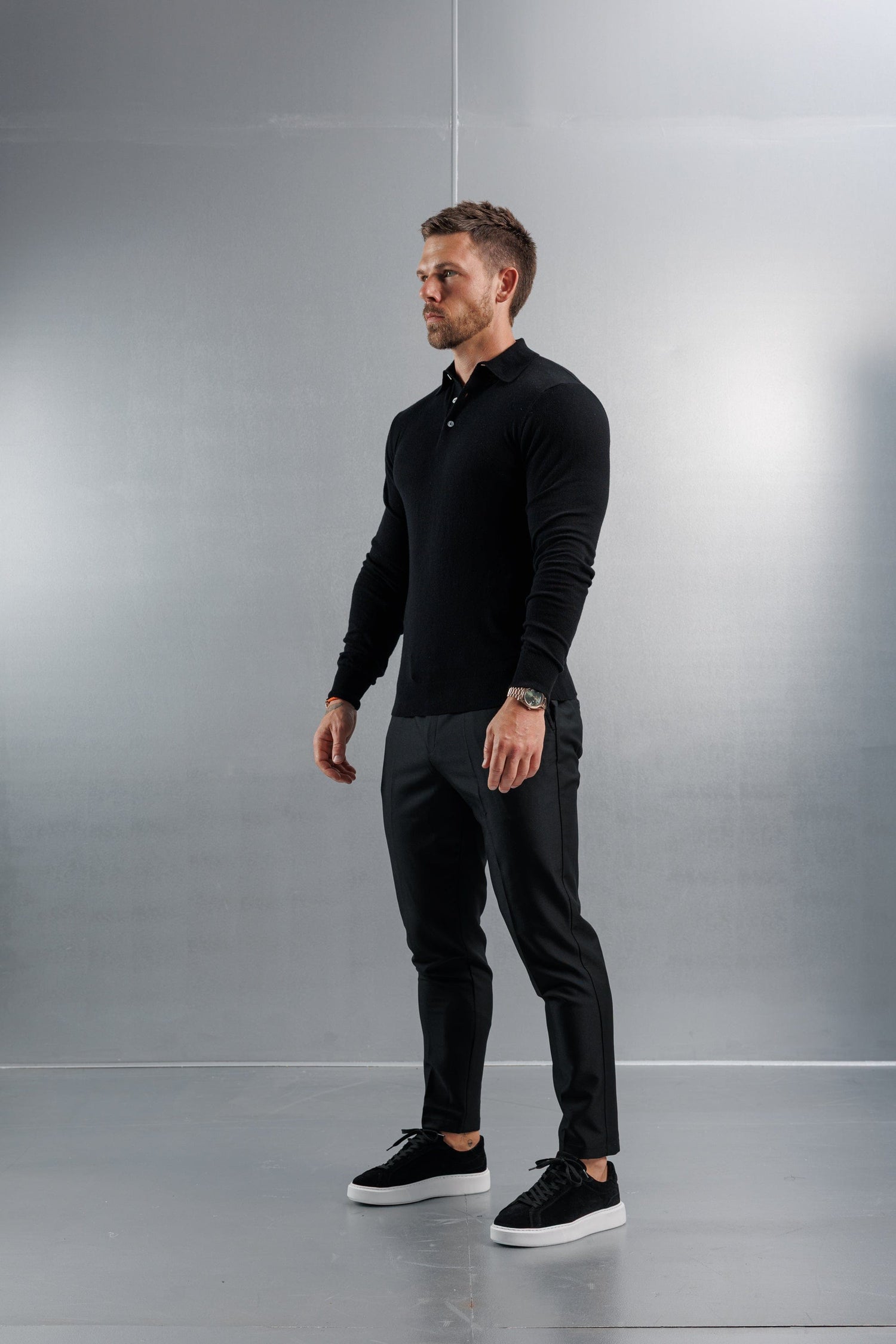 Legend London KNITWEAR KNITTED POLO LONG SLEEVE - BLACK
