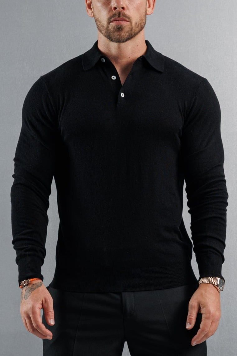 Legend London KNITWEAR KNITTED POLO LONG SLEEVE - BLACK