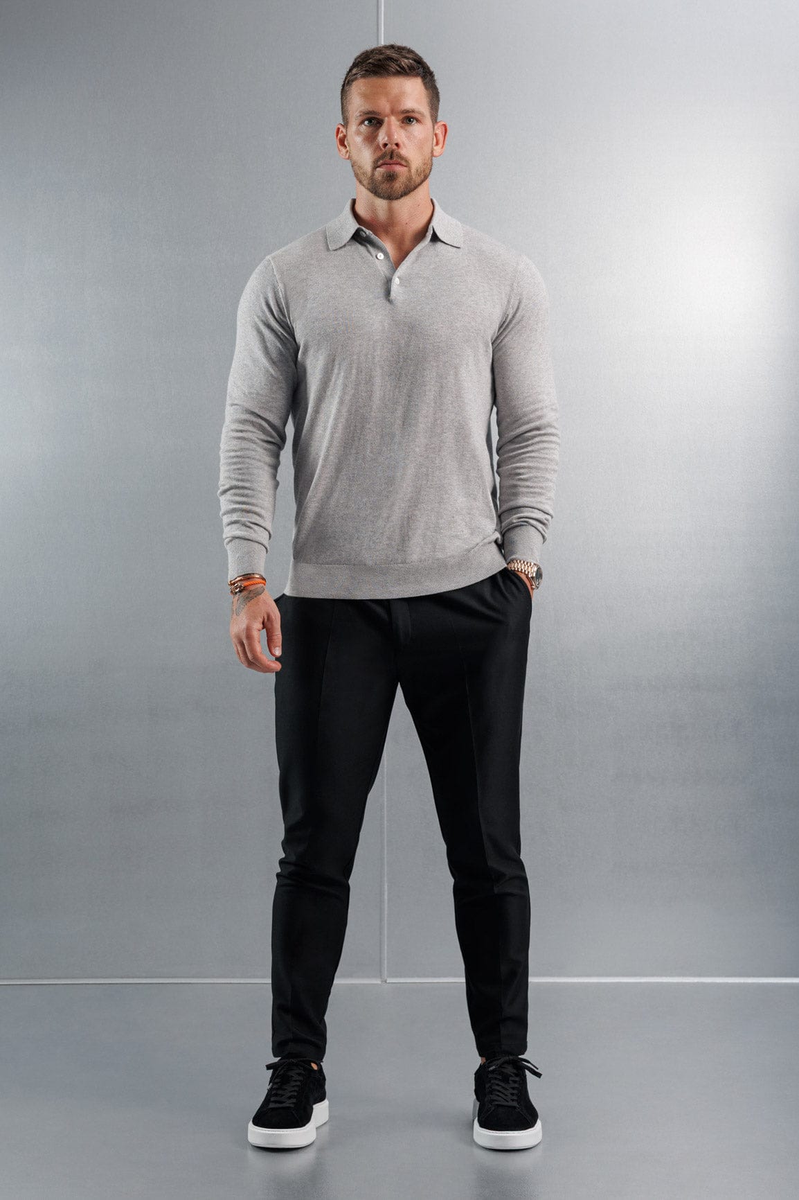 Legend London KNITWEAR KNITTED POLO LONG SLEEVE - GREY