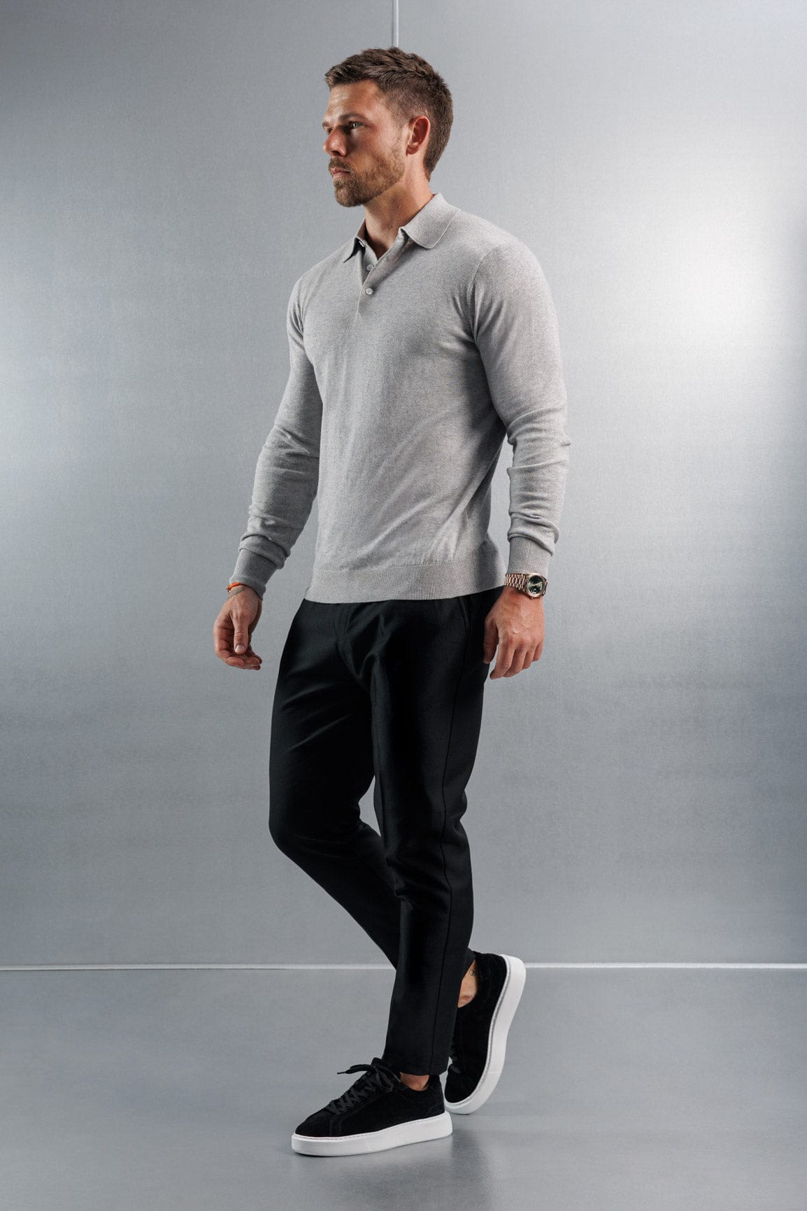 Legend London KNITWEAR KNITTED POLO LONG SLEEVE - GREY