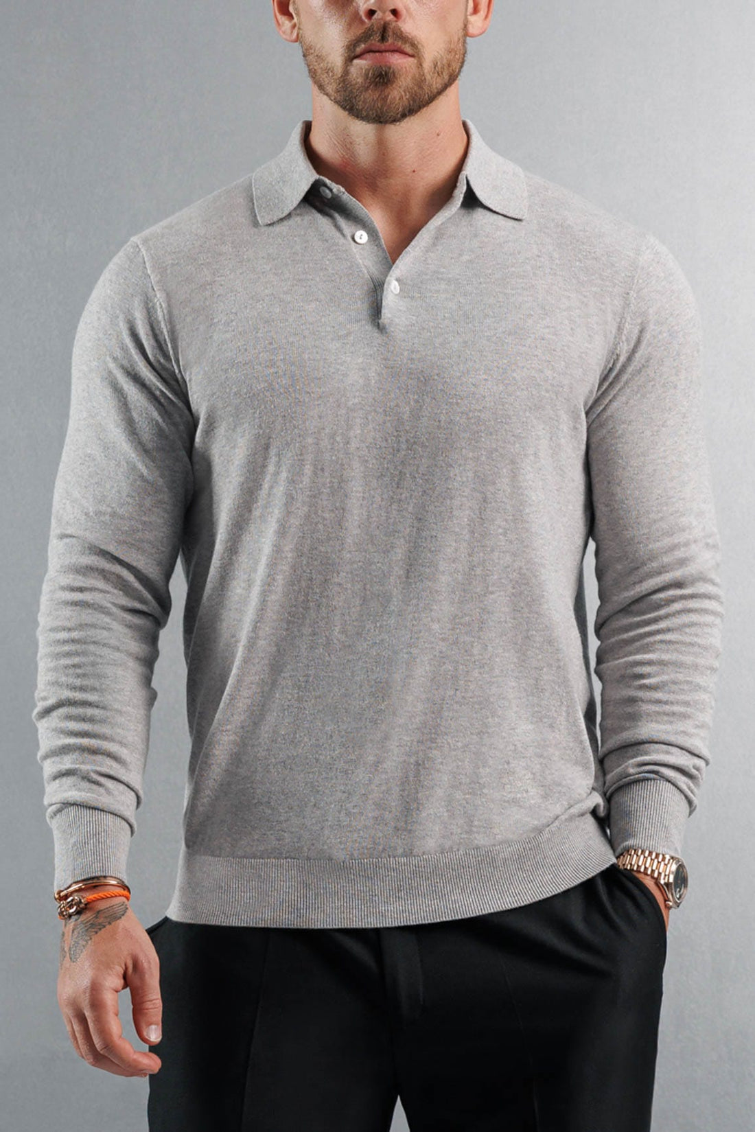Legend London KNITWEAR KNITTED POLO LONG SLEEVE - GREY