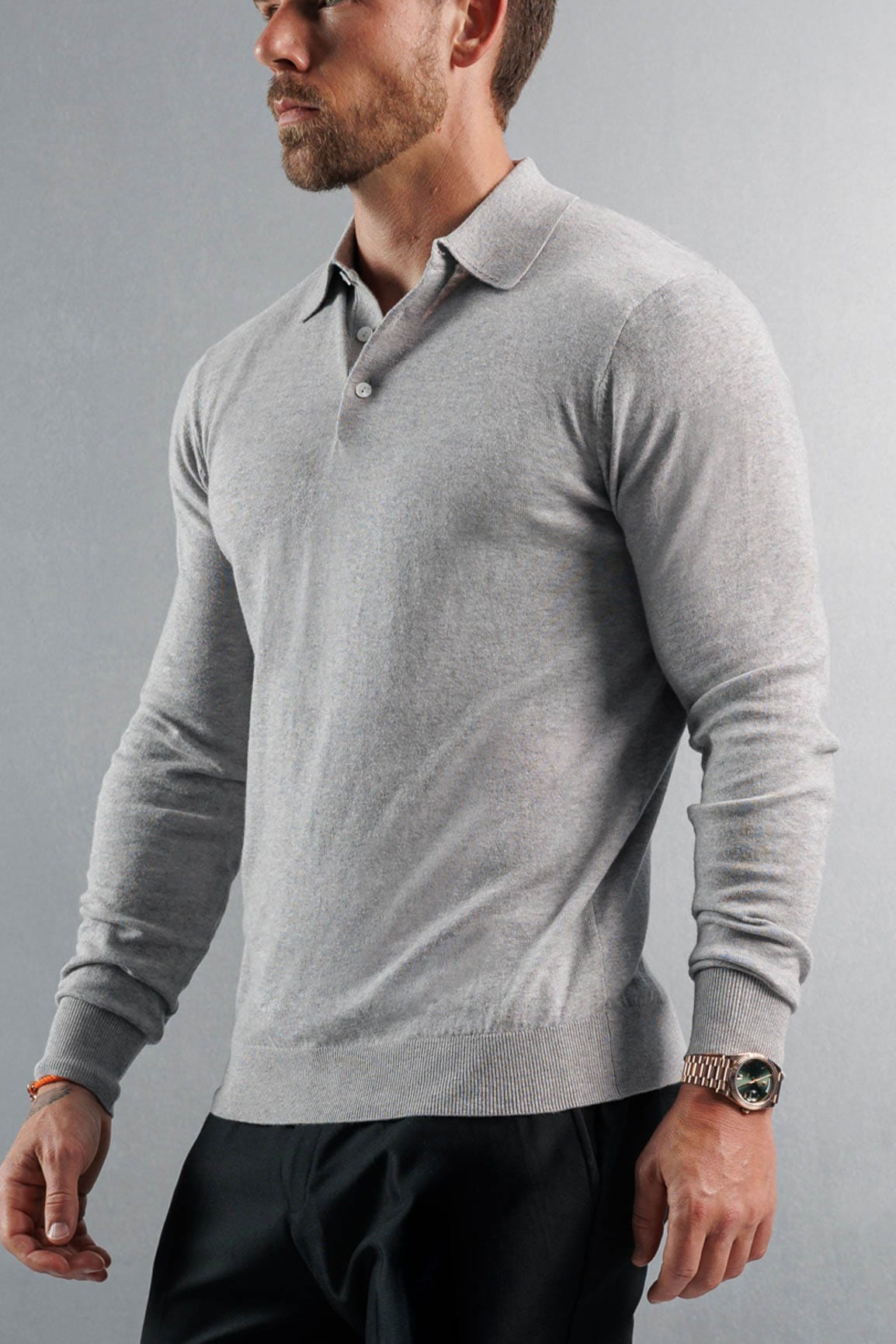 Legend London KNITWEAR KNITTED POLO LONG SLEEVE - GREY