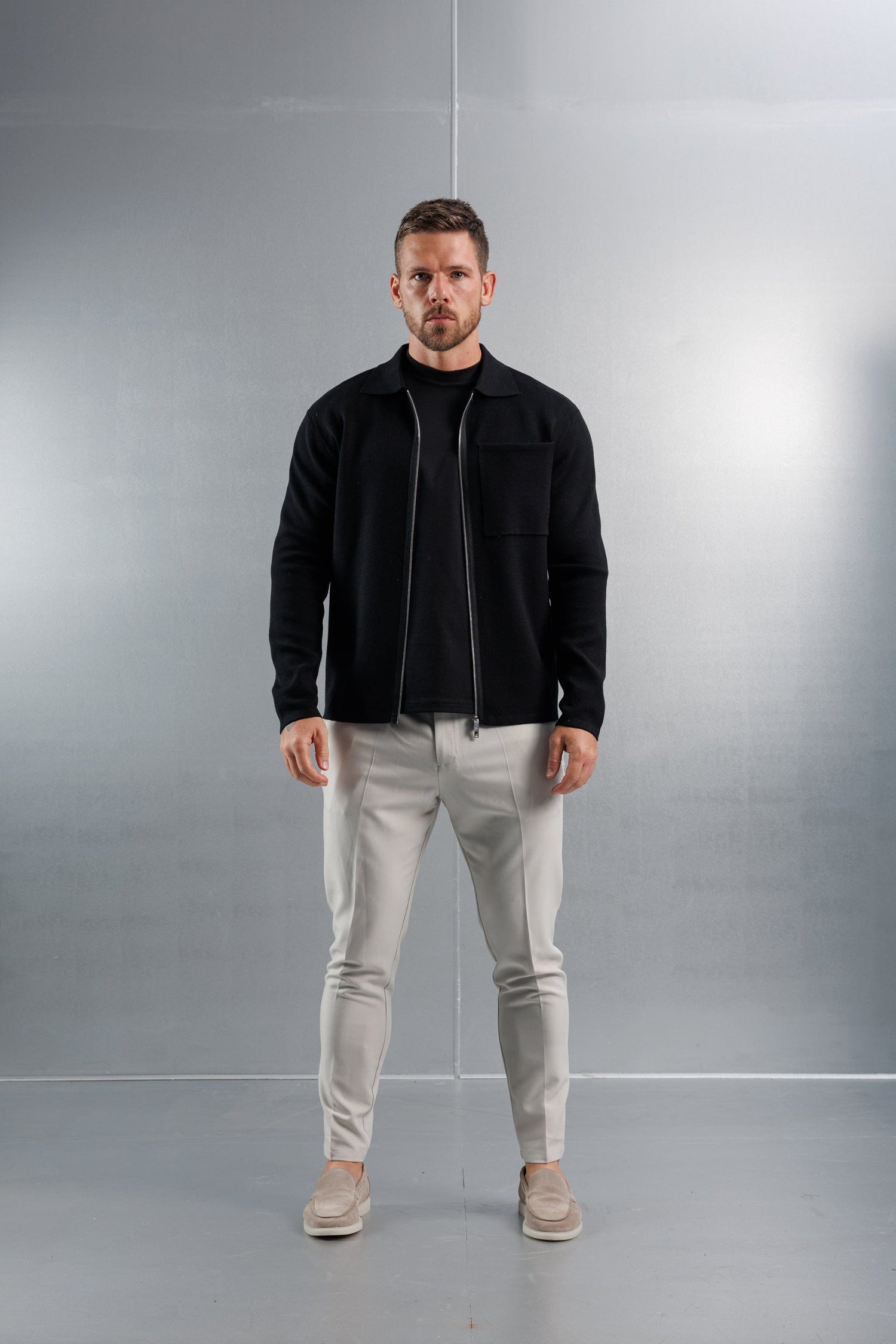 Legend London KNITWEAR KNITTED ZIP UP CARDIGAN - BLACK