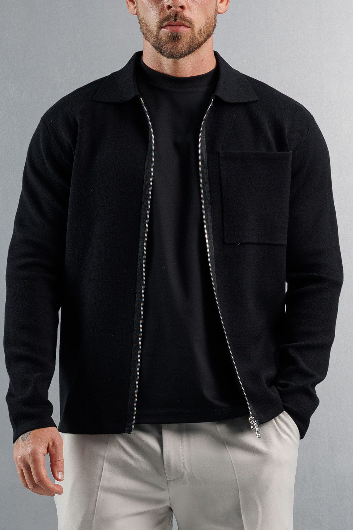 Legend London KNITWEAR KNITTED ZIP UP CARDIGAN - BLACK