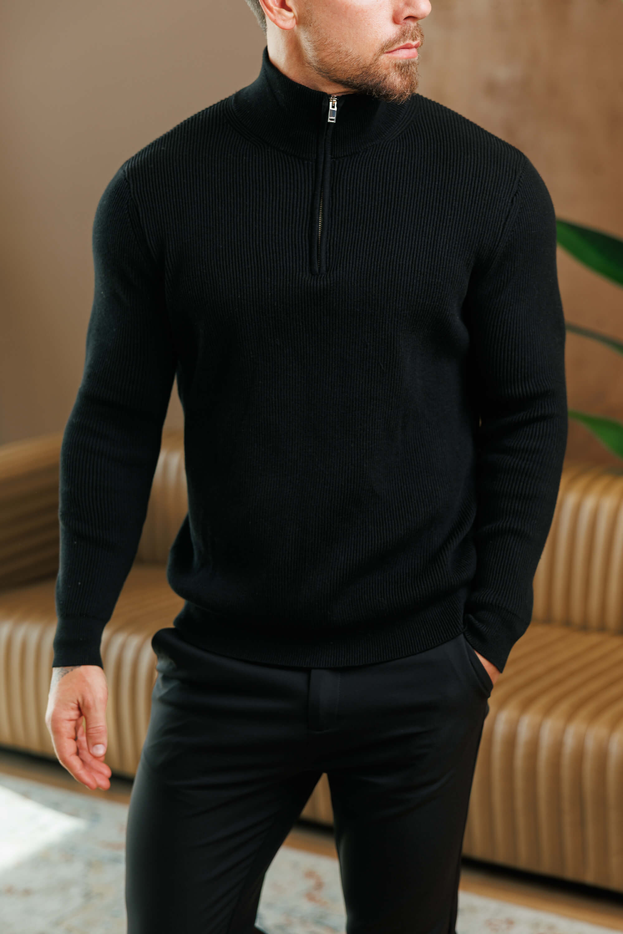 Legend London KNITWEAR RIDGE KNIT QUARTER ZIP - BLACK