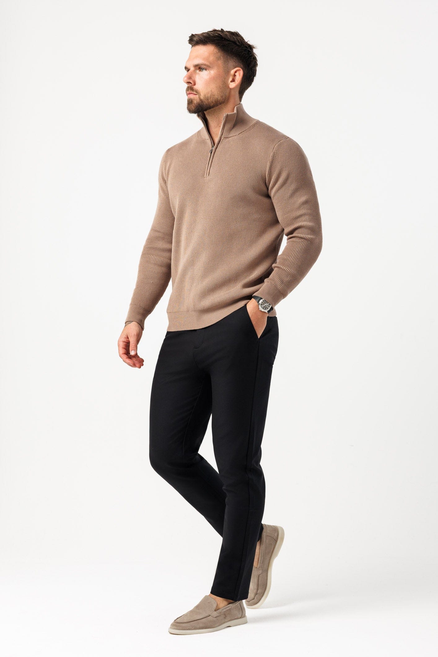Legend London KNITWEAR RIDGE KNIT QUARTER ZIP - BROWN