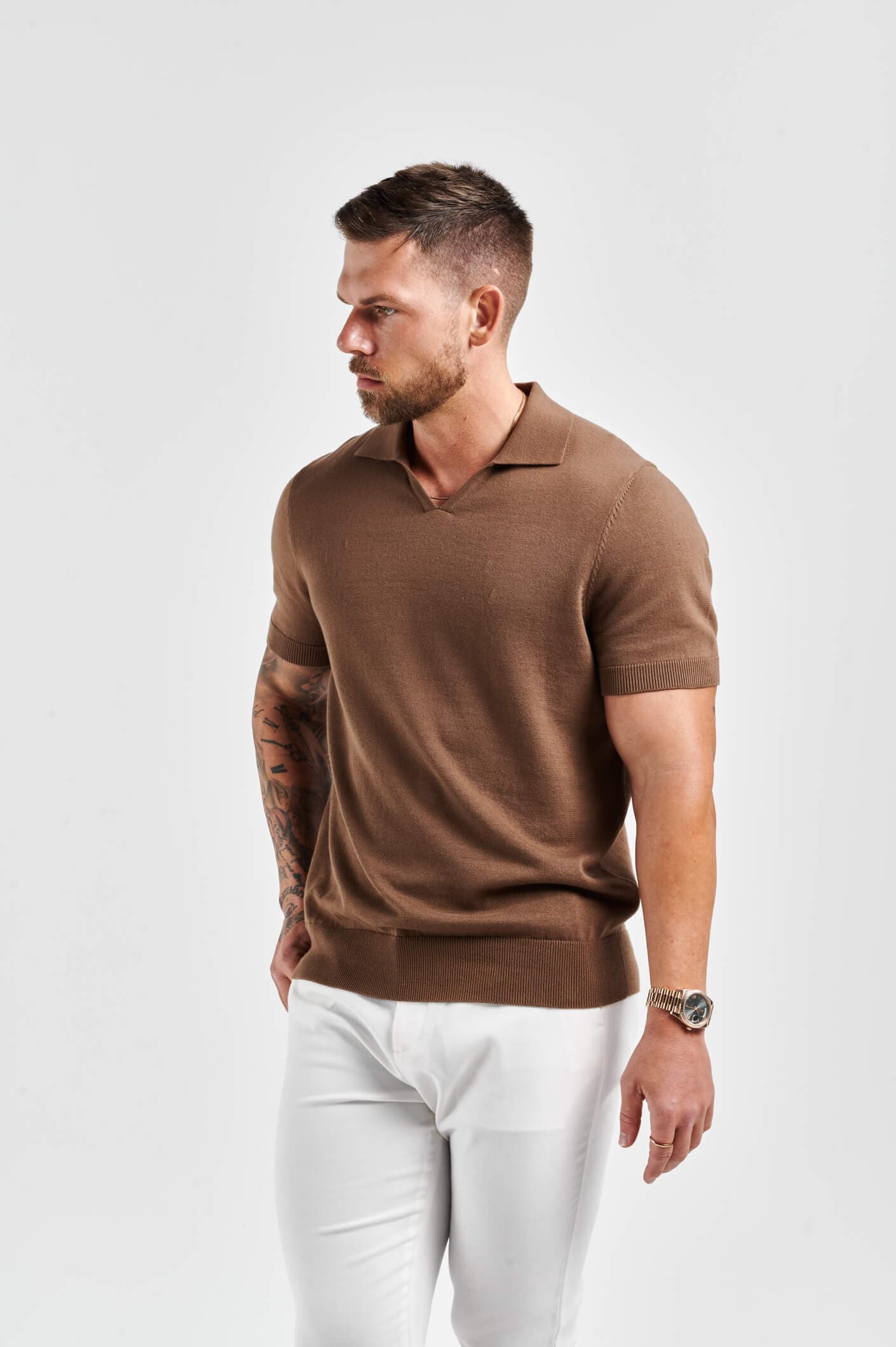 Legend London Polo LEGEND OPEN COLLAR POLO SHIRT - BROWN