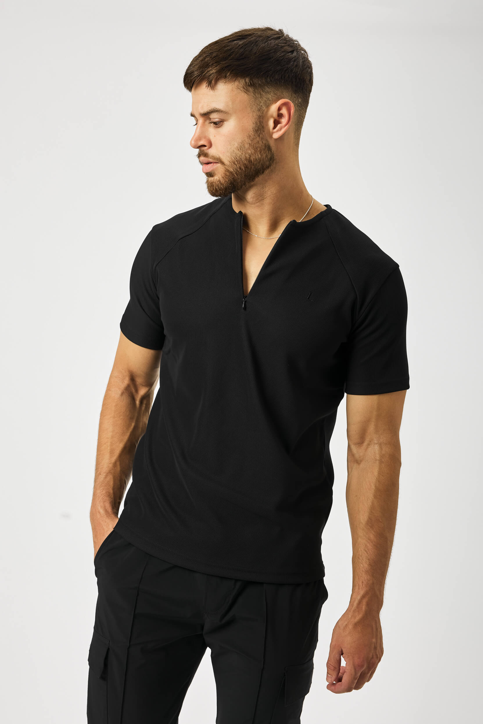 Legend London T-SHIRT RIBBED HENLEY TOP - BLACK