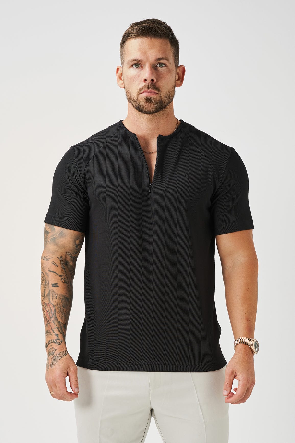 RIBBED HENLEY TOP BLACK – Legend London - Main Image