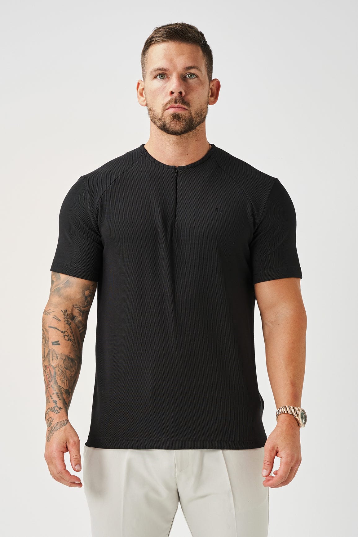 Legend London T-SHIRT RIBBED HENLEY TOP - BLACK