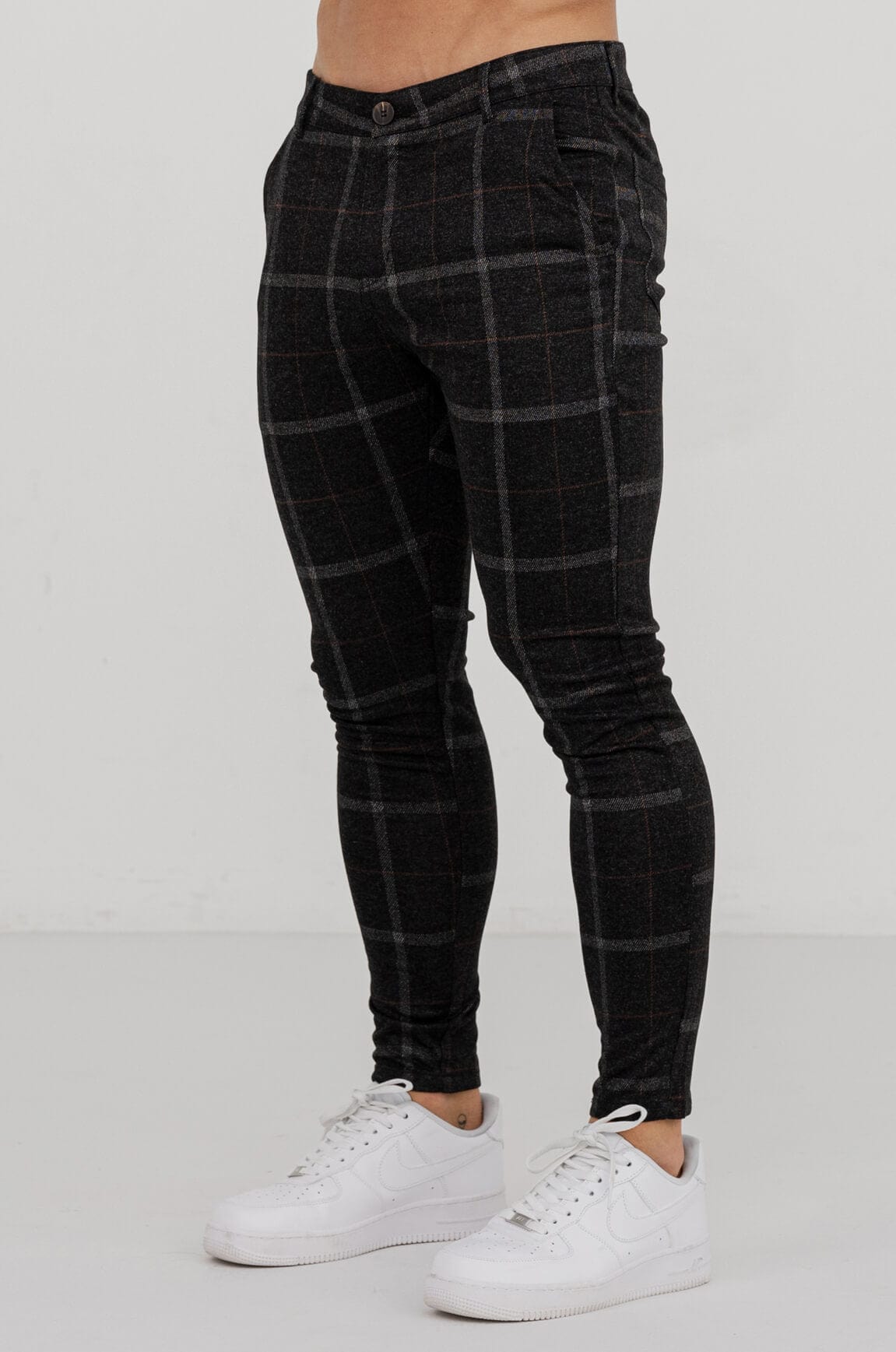 CHECKERED STRETCH TROUSERS BLACK – Legend London