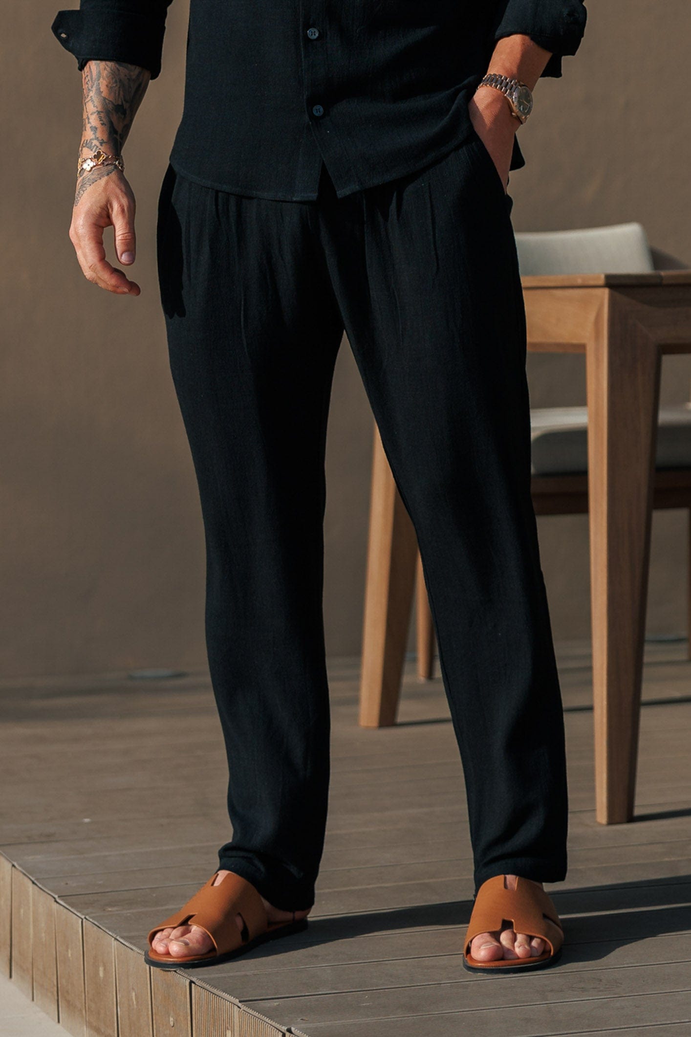 Legend London Trousers STRETCH LINEN TROUSERS - BLACK