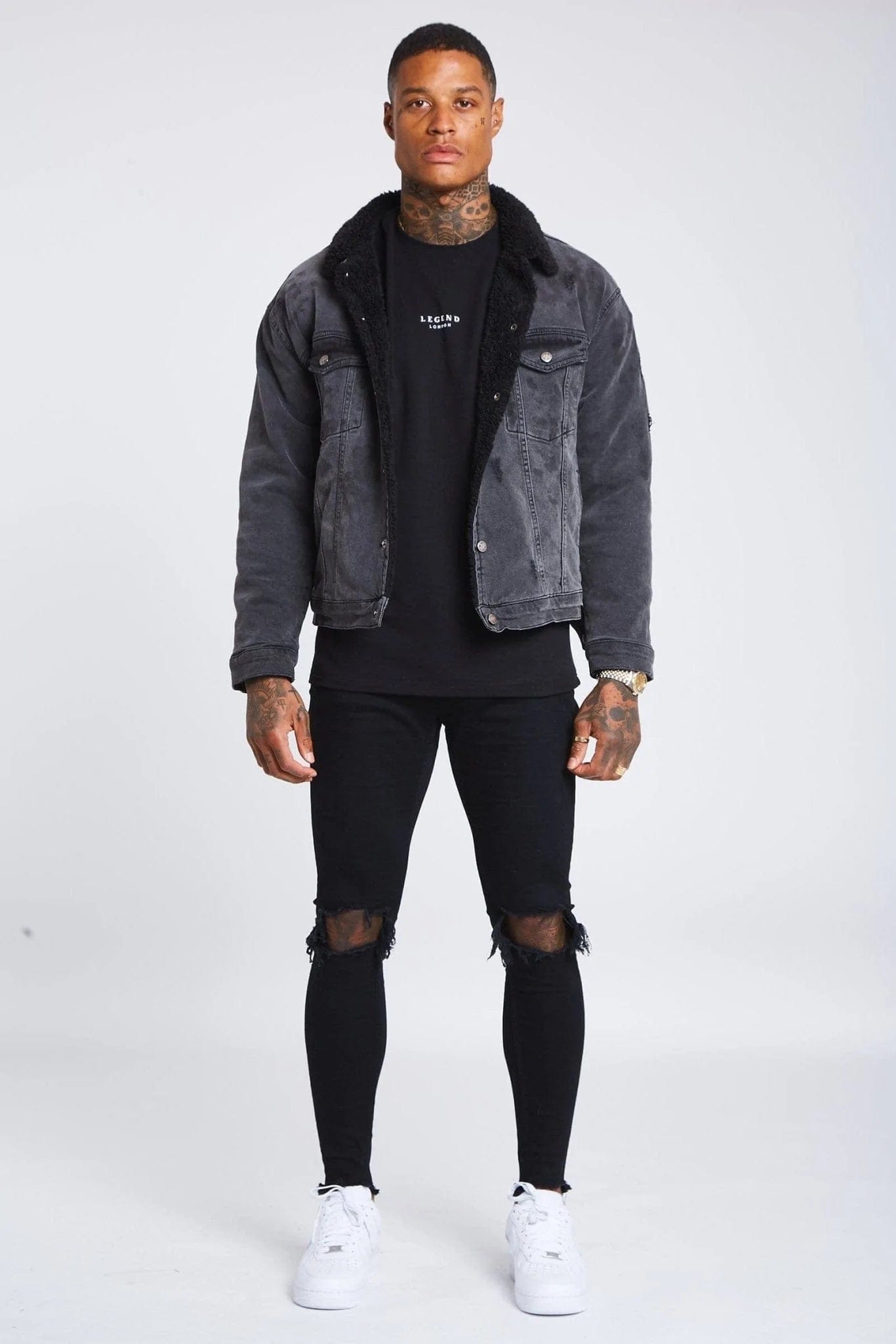 Grey denim jacket borg collar online