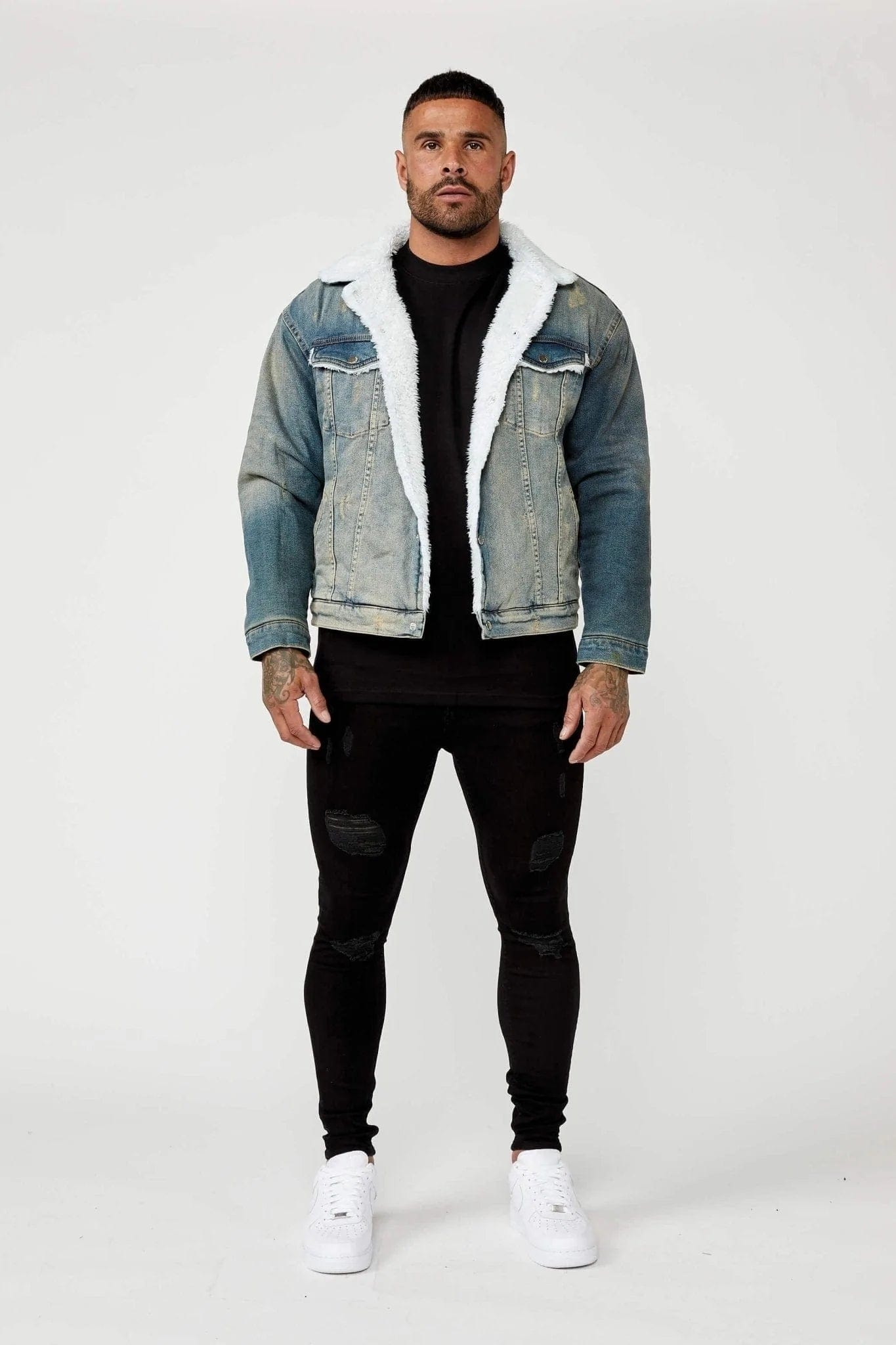 STONE WASHED DENIM JACKET FAUX FUR LINED