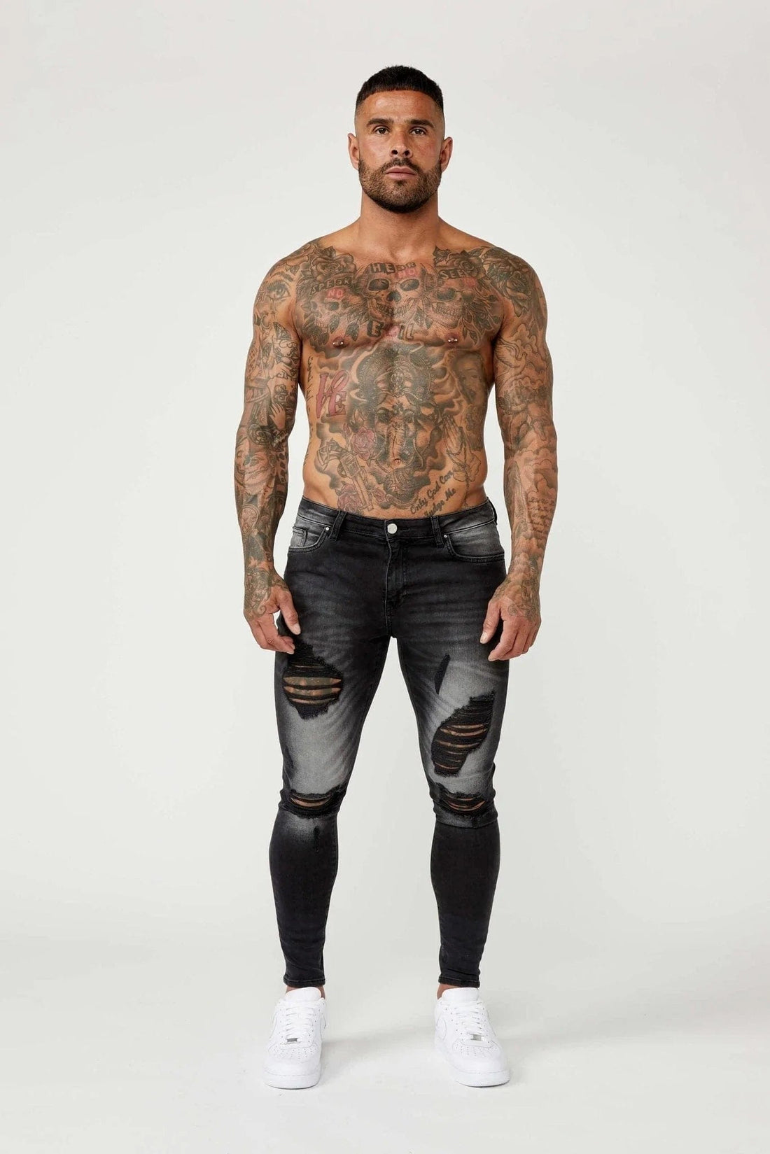 Legend London Jeans PREMIUM SPRAY-ON FIT JEANS - GREY WASHED RIPPED & REPAIRED