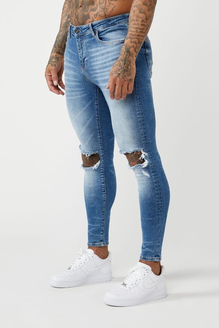 PREMIUM SKINNY FIT JEANS DESTROYED KNEE MID BLUE WASH – Legend