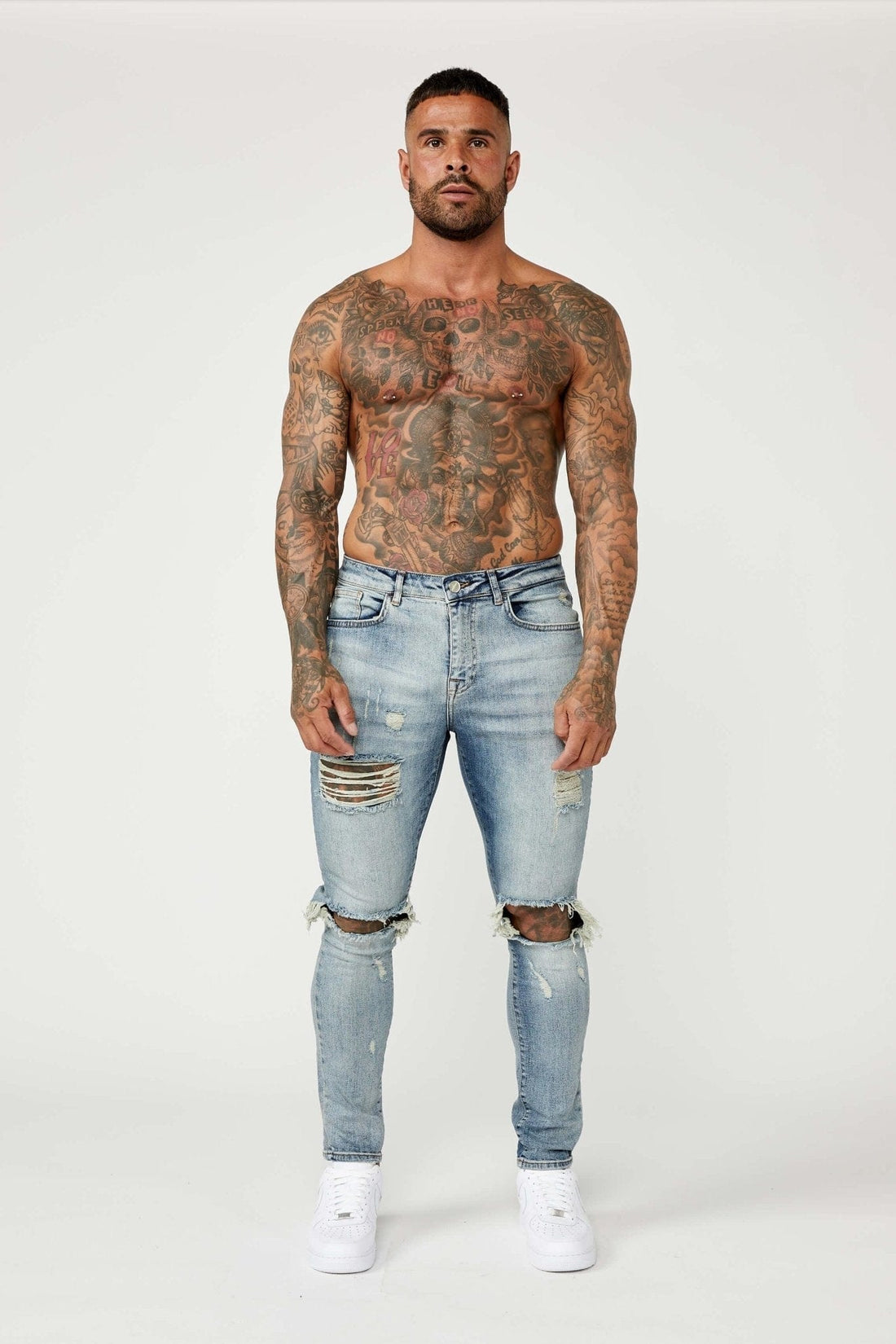 Legend London Jeans SKINNY FIT JEANS - MID BLUE RIPPED & REPAIRED