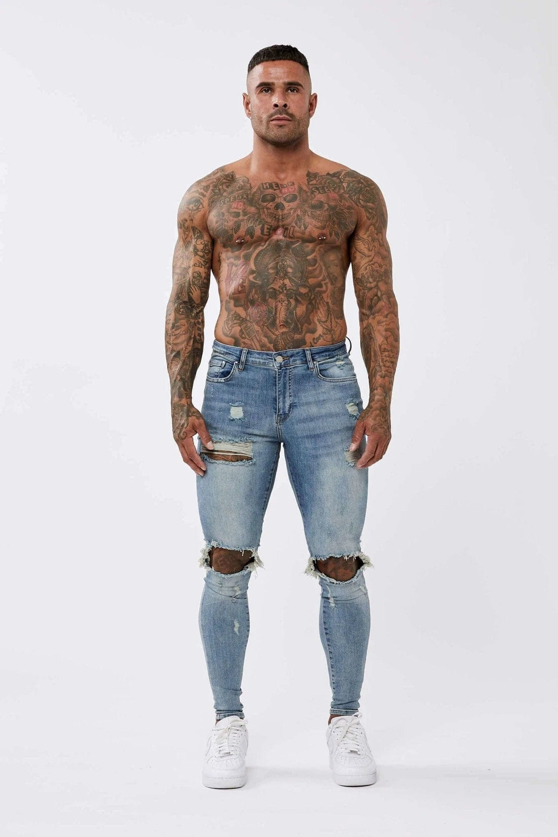 Legend London Jeans STRONG WASHED DARK BLUE SPRAY ON JEANS - RIPPED & REPAIRED