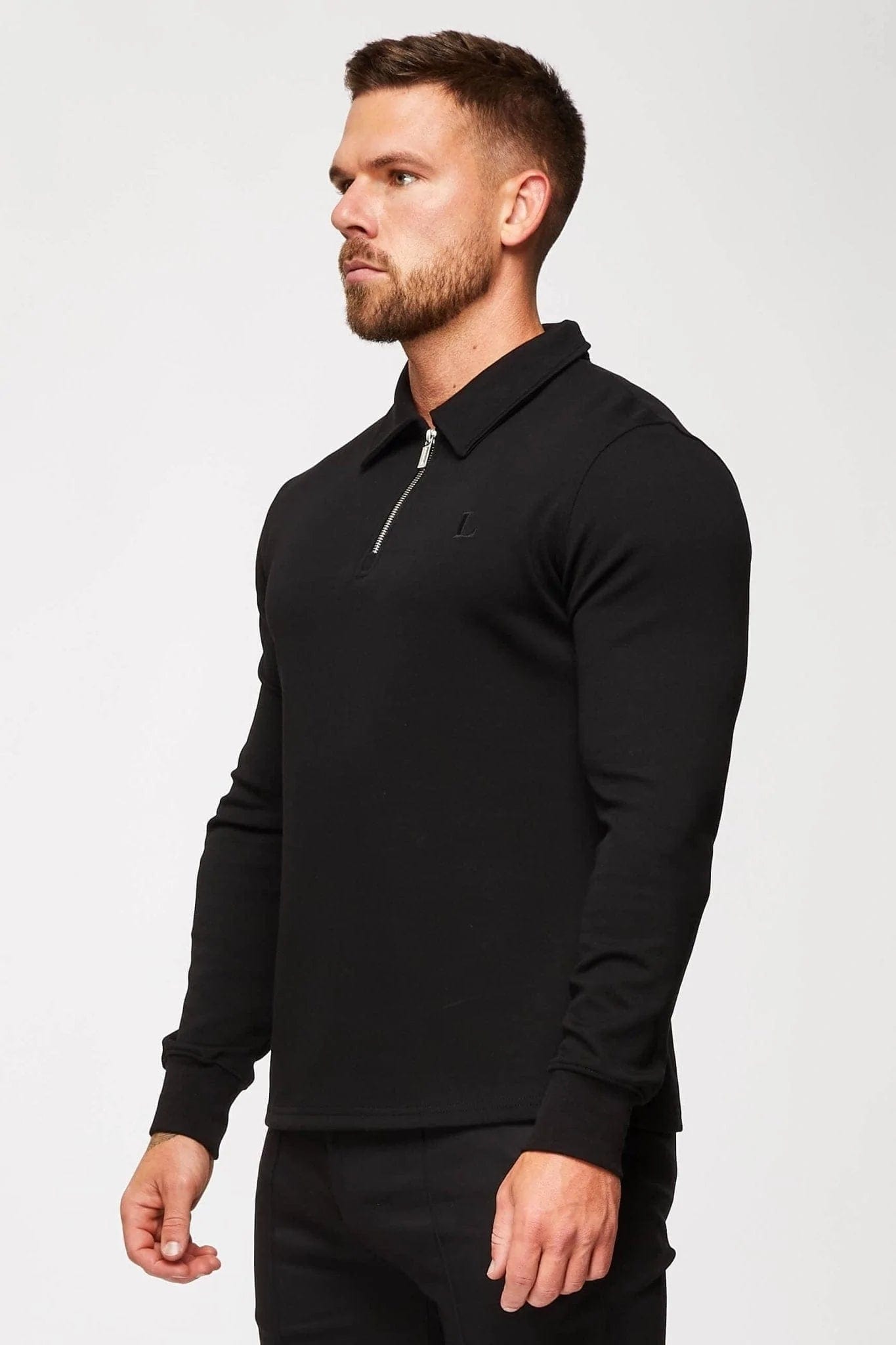 Legend London Polo CORE POLO SHIRT QUARTER ZIP LONG SLEEVE - BLACK