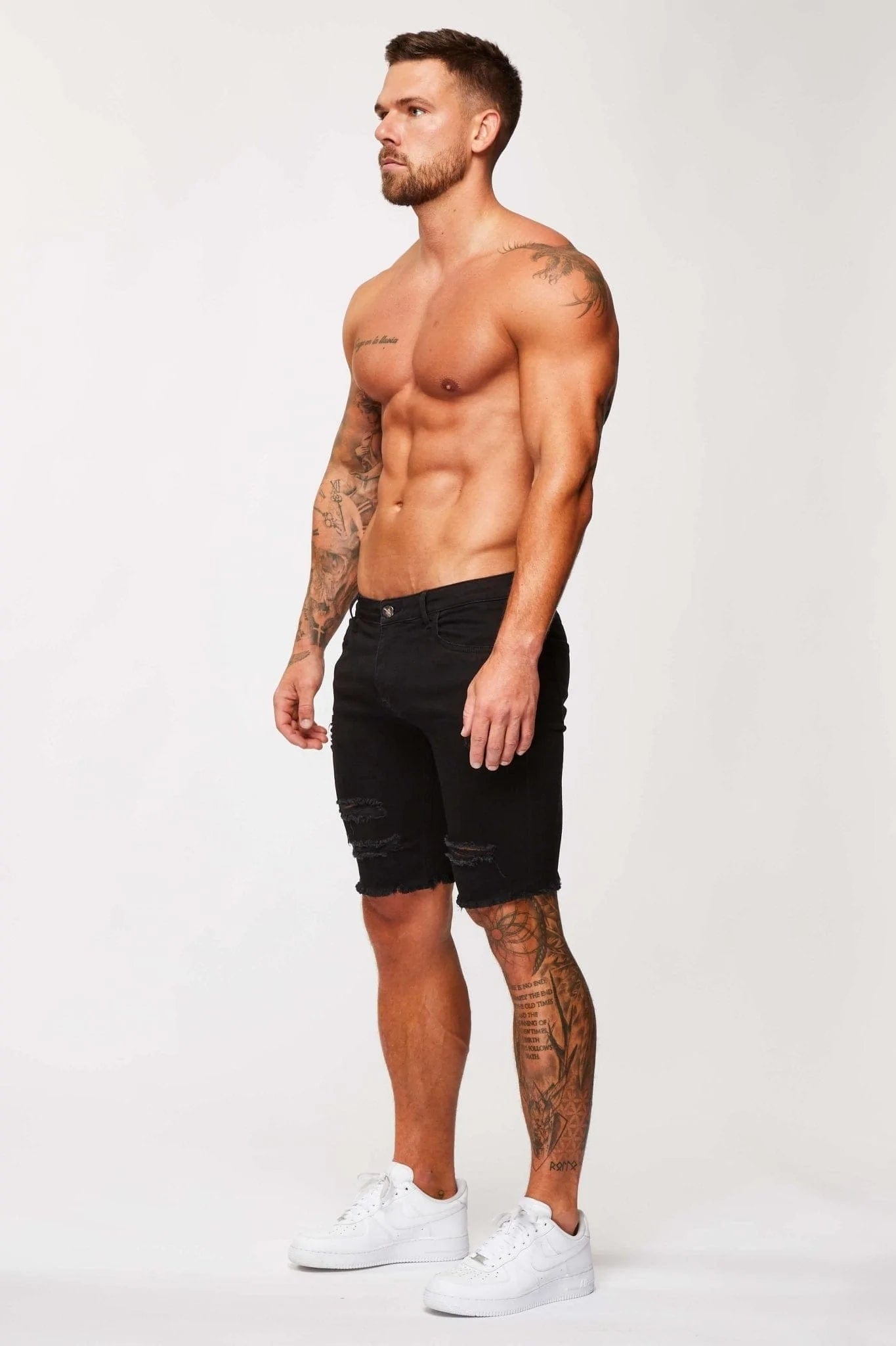 Legend London Shorts Black Denim Shorts - Ripped & Repaired
