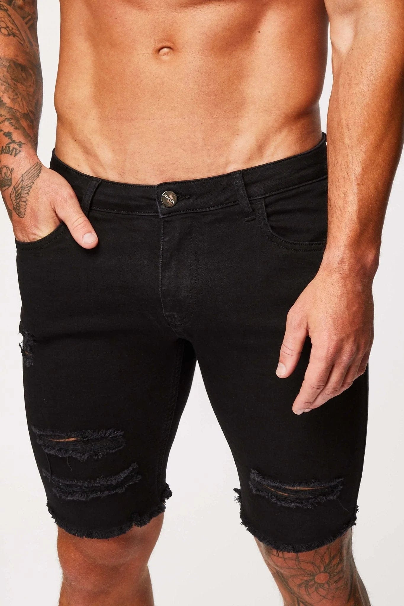 Legend London Shorts Black Denim Shorts - Ripped & Repaired
