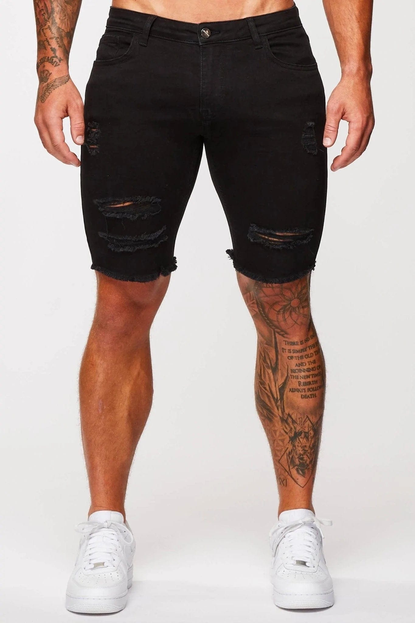 Legend London Shorts Black Denim Shorts - Ripped & Repaired