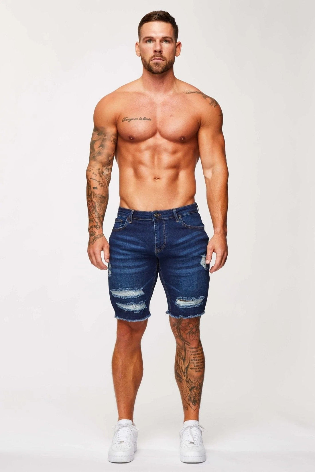 Legend London Shorts Dark Blue Denim Shorts - Ripped & Repaired