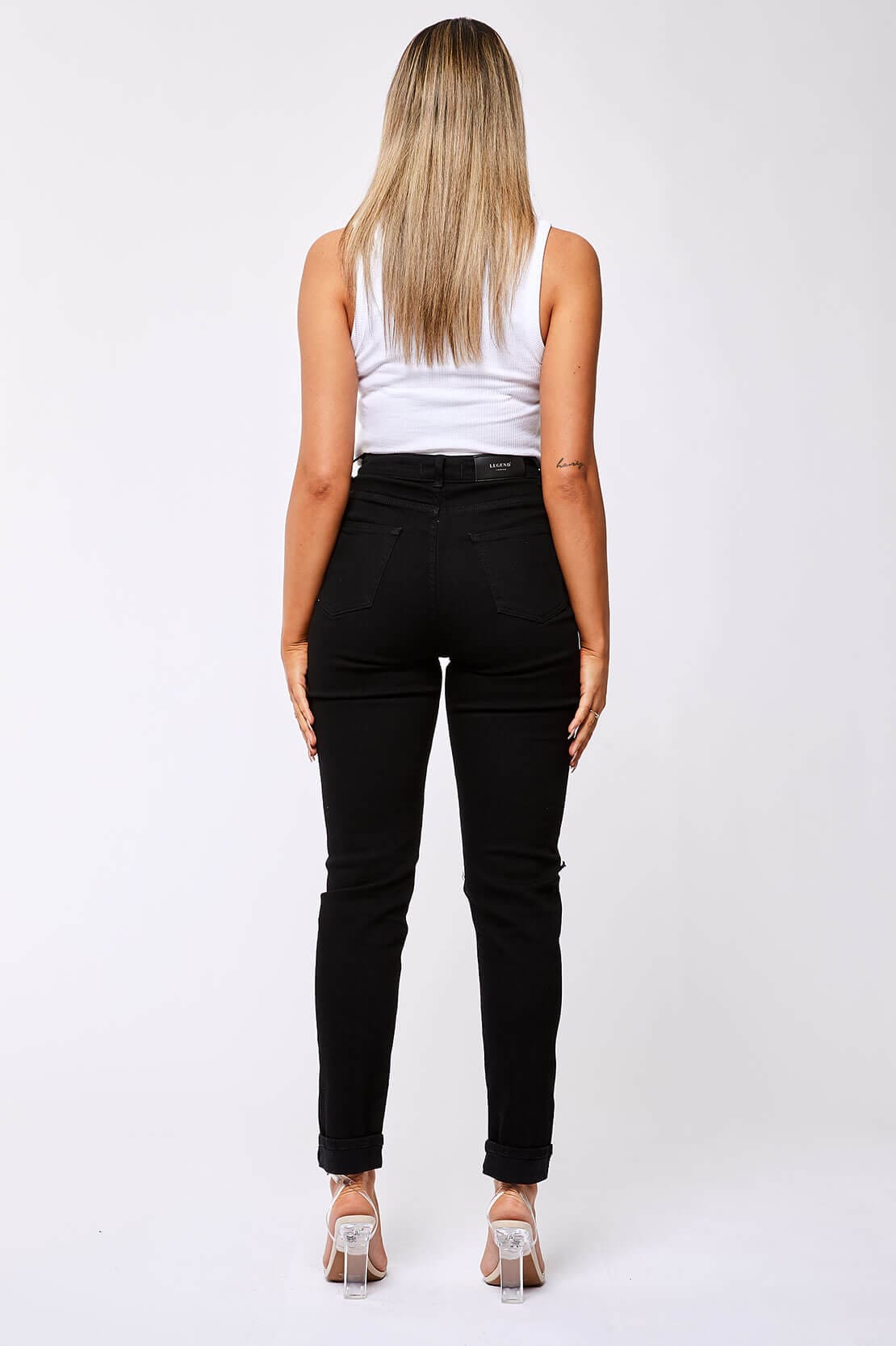 Legend London Womens Jeans STRAIGHT LEG JEANS - BLACK DESTROYED LEFT KNEE