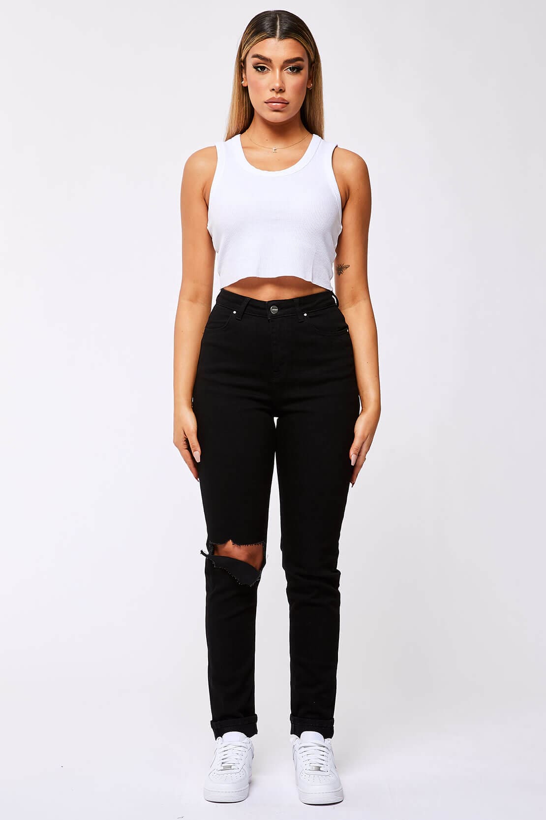 Legend London Womens Jeans STRAIGHT LEG JEANS - BLACK DESTROYED LEFT KNEE