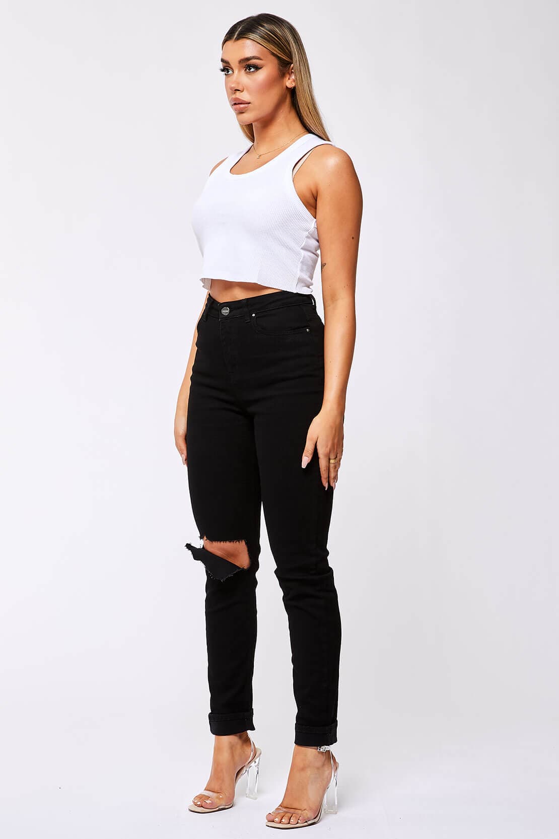 Legend London Womens Jeans STRAIGHT LEG JEANS - BLACK DESTROYED LEFT KNEE