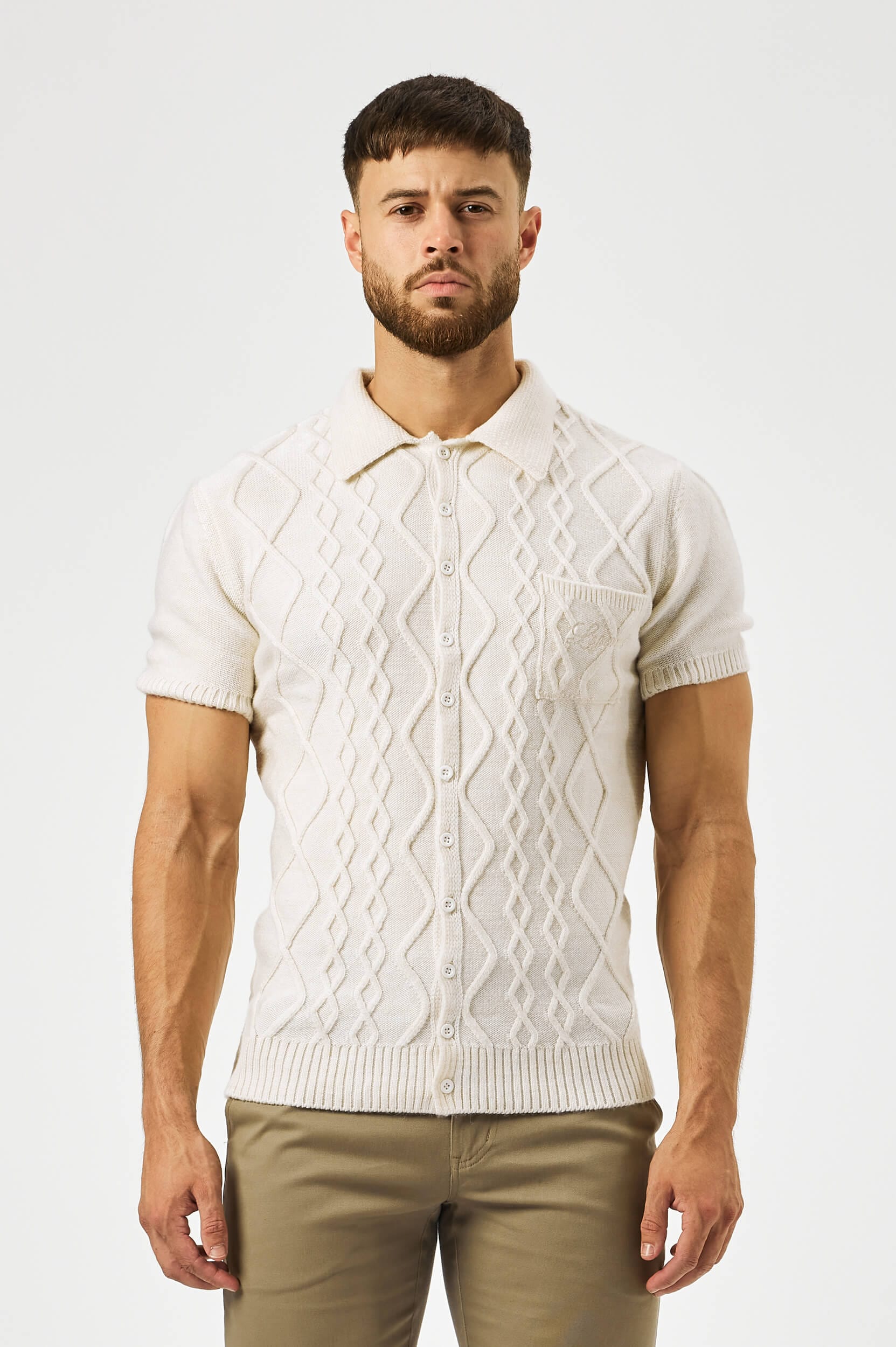 HABER KNITWEAR CABLE KNIT POLO SHIRT - CREAM