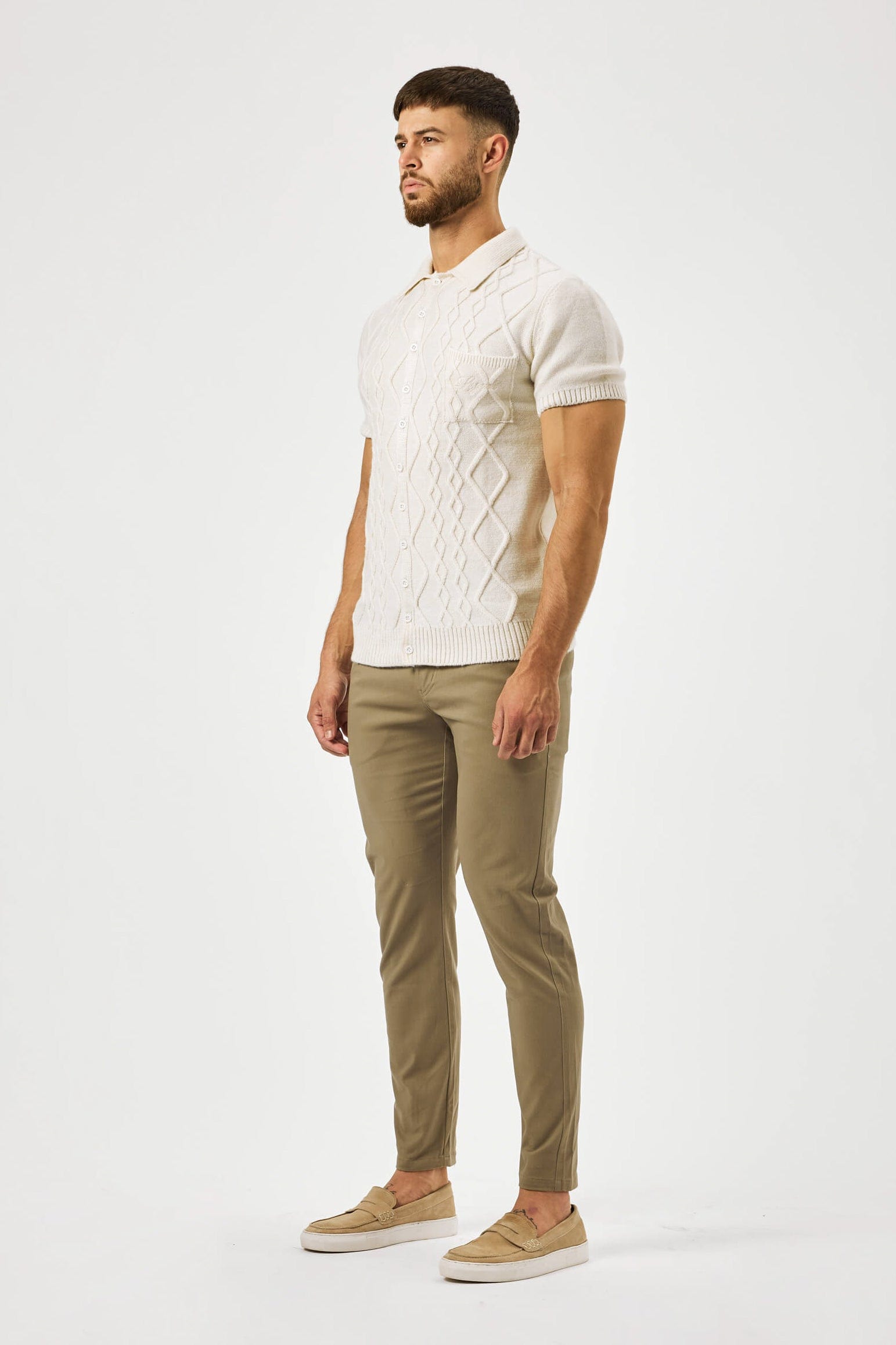 HABER KNITWEAR CABLE KNIT POLO SHIRT - CREAM