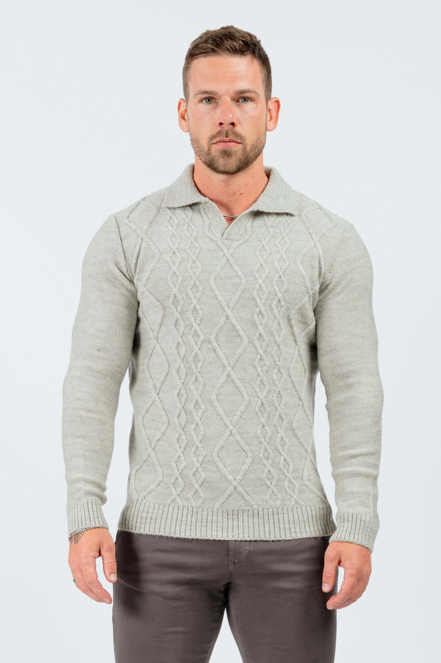 HABER KNITWEAR CABLE KNIT POLO SHIRT - LIGHT GREY